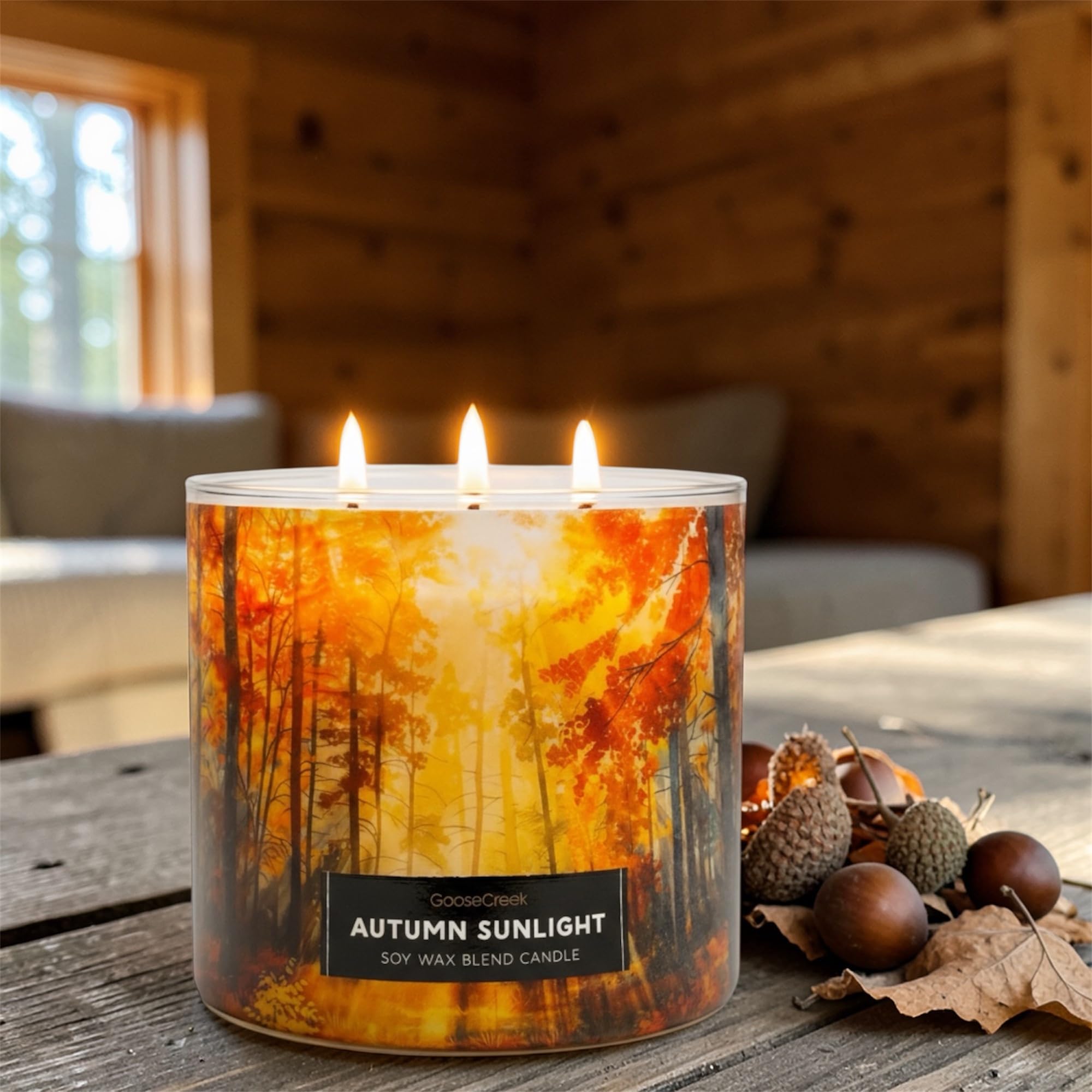 Autumn Sunlight Soy Wax Blend Candle, 3-Wick, Spiced Citrus, Cinnamon Stick, Warm Cardamom, Sunlit Foliage