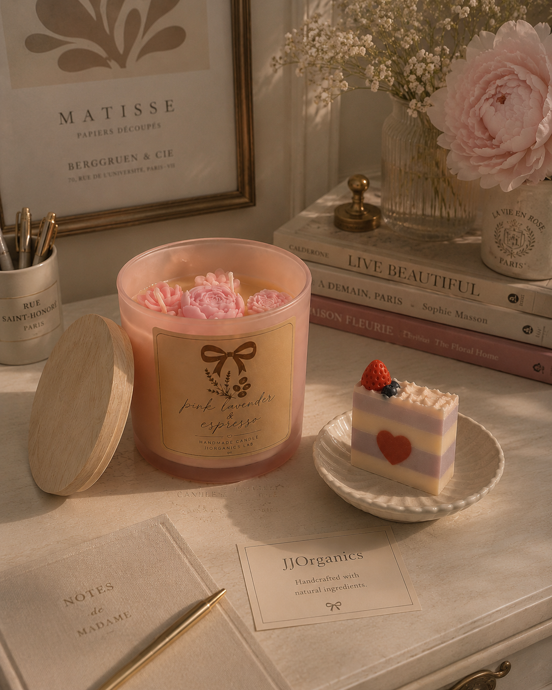 Pink Lavender & Espresso Handmade Candle Floral Coffee SCented Soy  Candle 3 Wick 12.5 oz