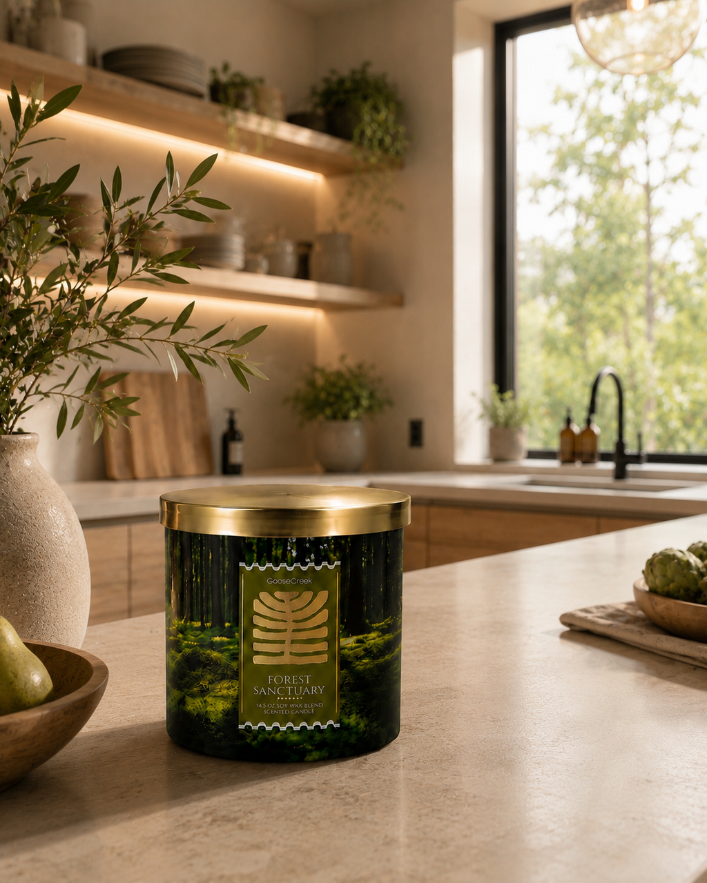 Forest Sanctuary Scented Candle, Soy Wax Blend, 14.5 oz, 3wick Pine Needles, Forest Lily, Fresh Lavender, Worn Cedarwood