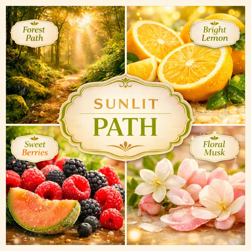 Sunlit Path Scented Candle, Soy Wax Blend, Forest Path, Bright Lemon, Sweet Berries, Floral Musk, 14.5 oz