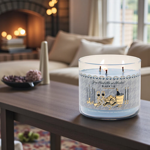 Black Tie You Had Me at Merlot 3-Wick Soy Wax Blend Candle, Glass Container, Wine Theme, Decorative Design