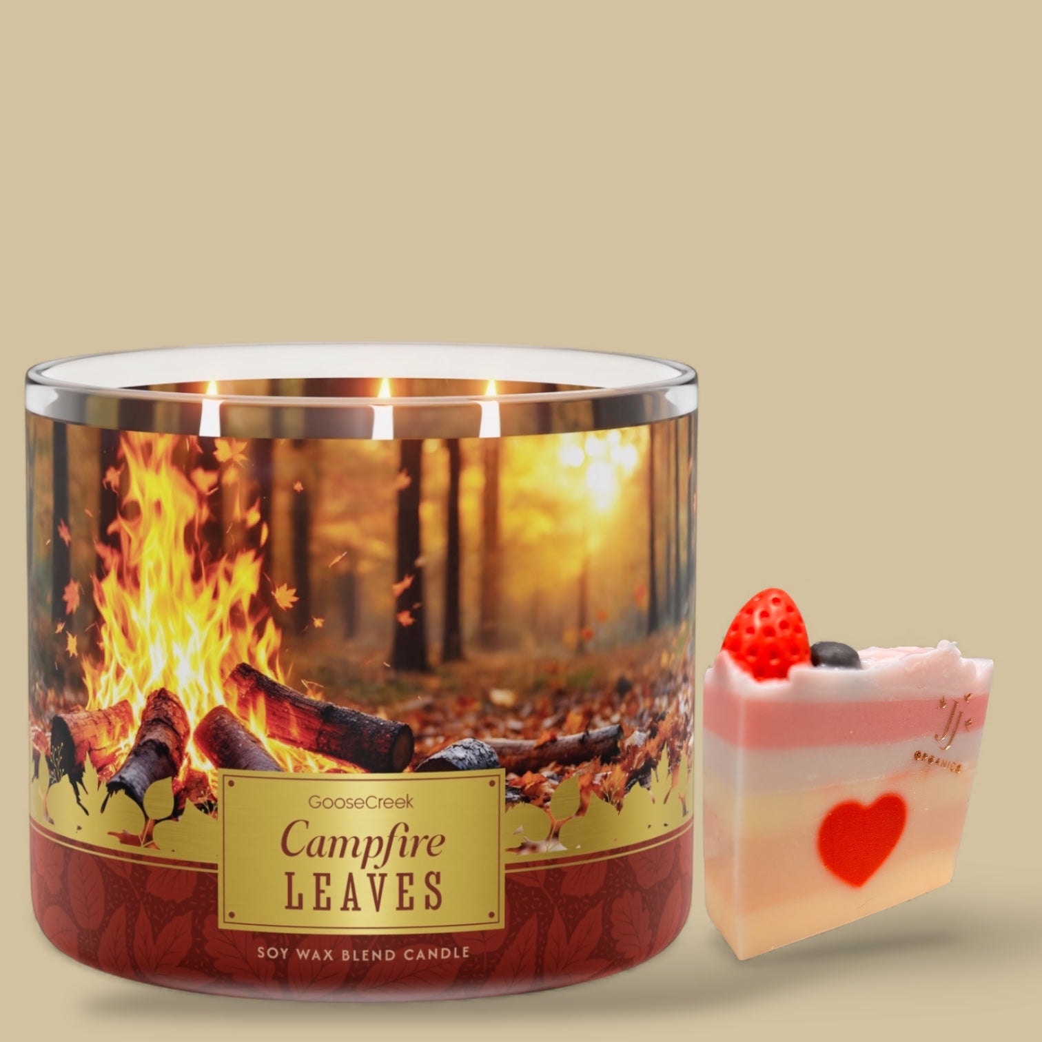 Campfire leaves Candle 14.5oz + Artisanal Shortcake soap (love from the heart design)