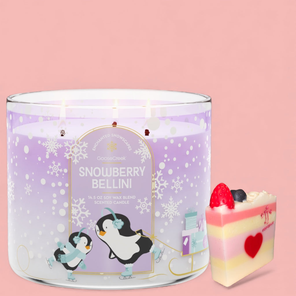 Snowberry Bellini (Echanted Snowscapes) Candle 14.5 soy wax +Artisanal Shortcake soap (Love from the heart design)