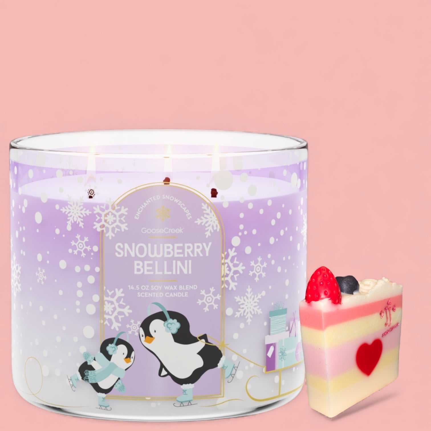 Snowberry Bellini (Echanted Snowscapes) Candle 14.5 soy wax +Artisanal Shortcake soap (Love from the heart design)