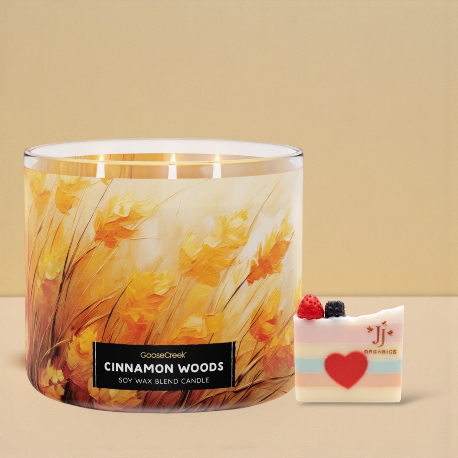 Cinnamon Woods Candle 14.5oz + Artisanal shortcake soap (love from the heart design)