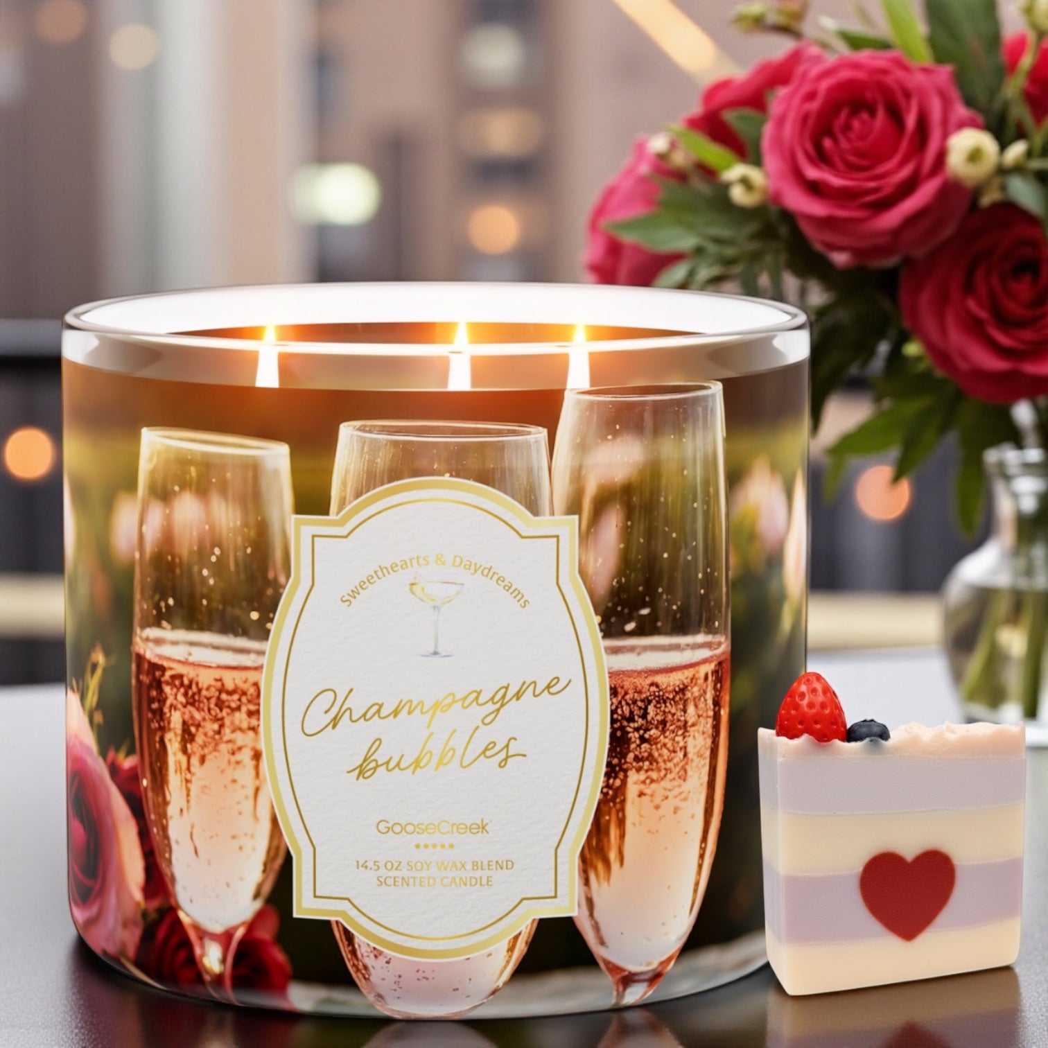 Candle 14.5 oz Champagne Bubbles & Love from the Heart artisanal goat milk soap