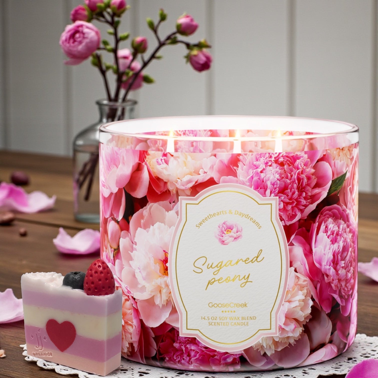 Candle 14.5 oz Sugared Peony & Love from the Heart artisanal goat milk soap as a gift