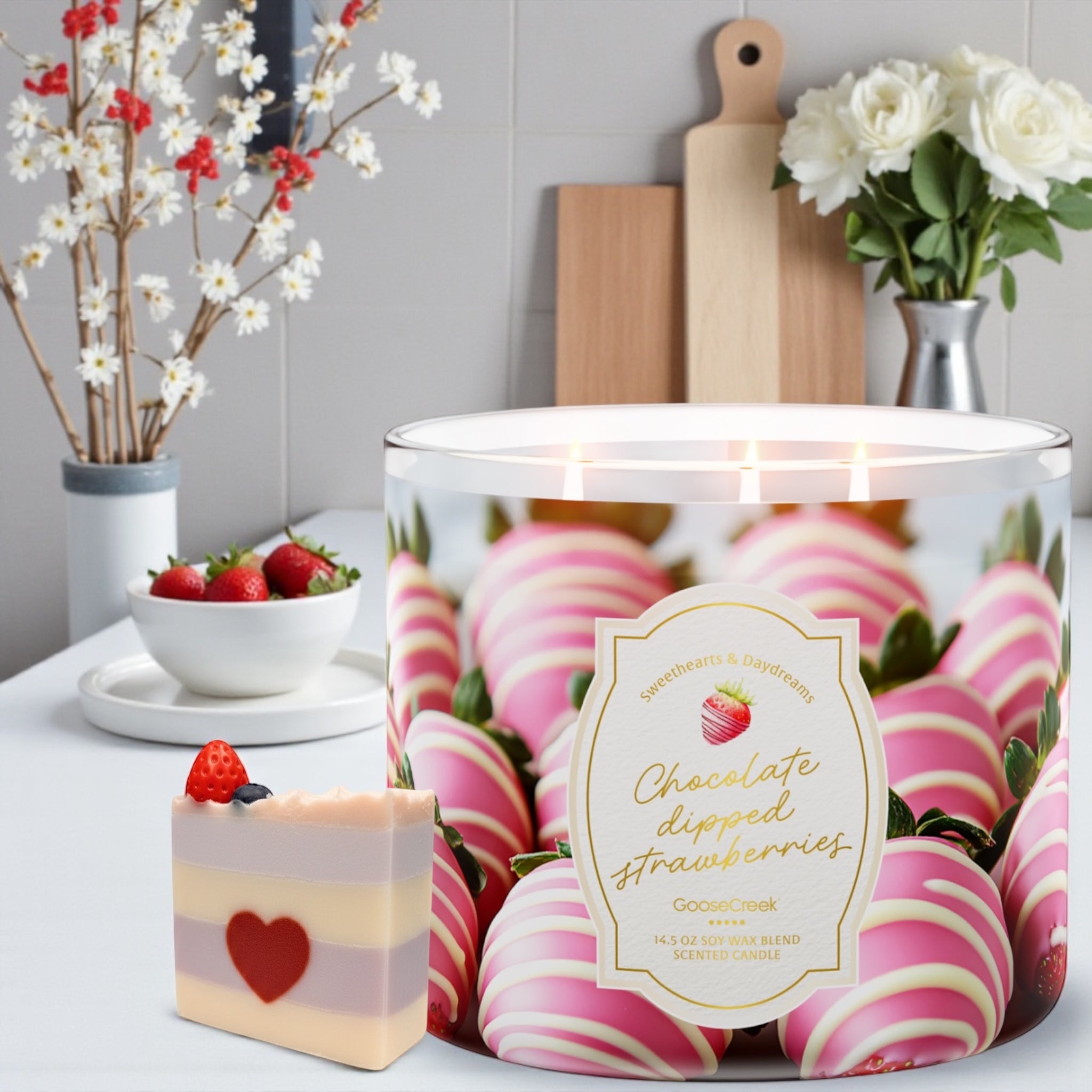 Candle 14.5 oz Chocolate Dipped Strawberry & Love from the Heart artisanal goat milk soap as a gift