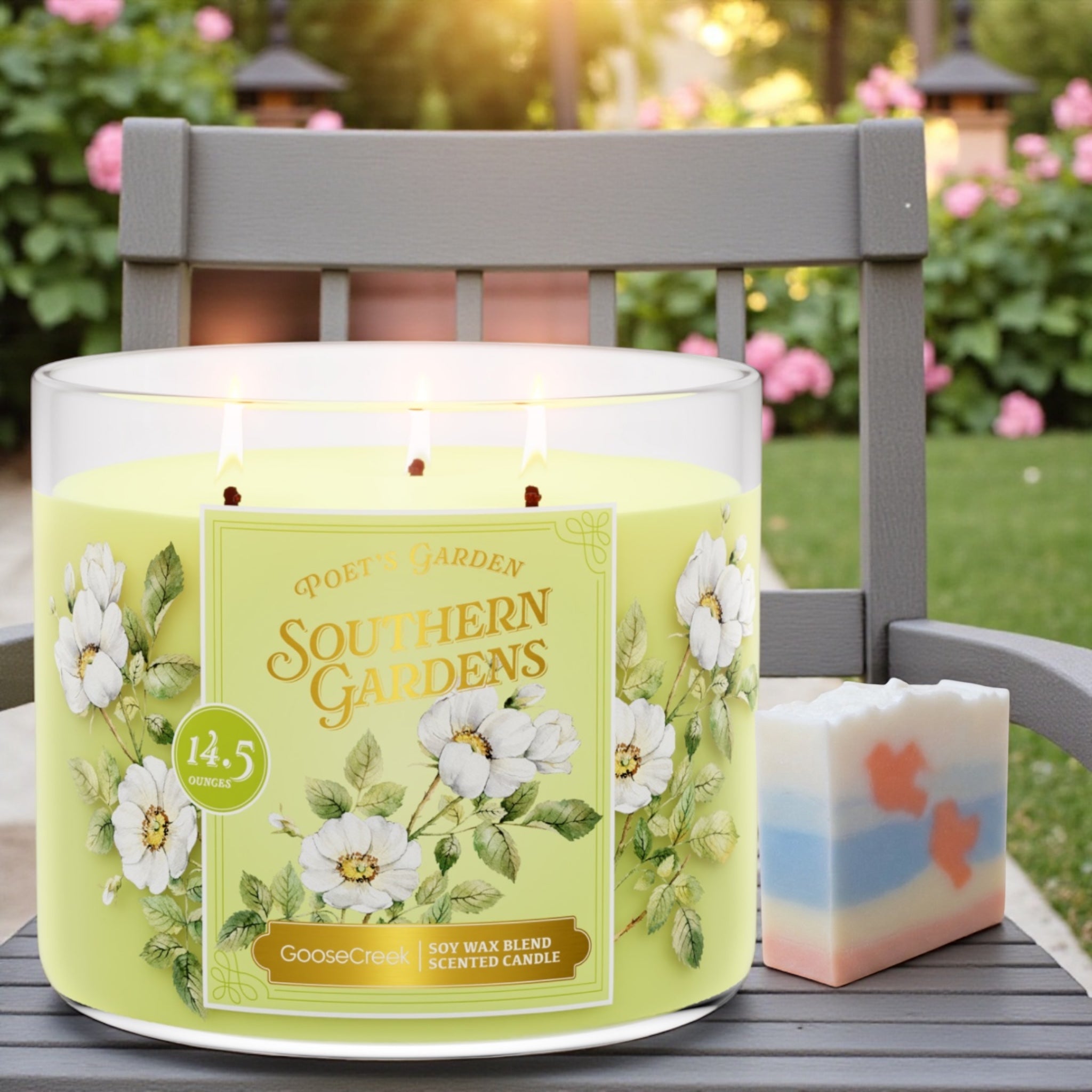 Poet's Garden ( Shouthern Gardens) Candle 14.5 oz + Artisanal shortcake soap (Birds in love)