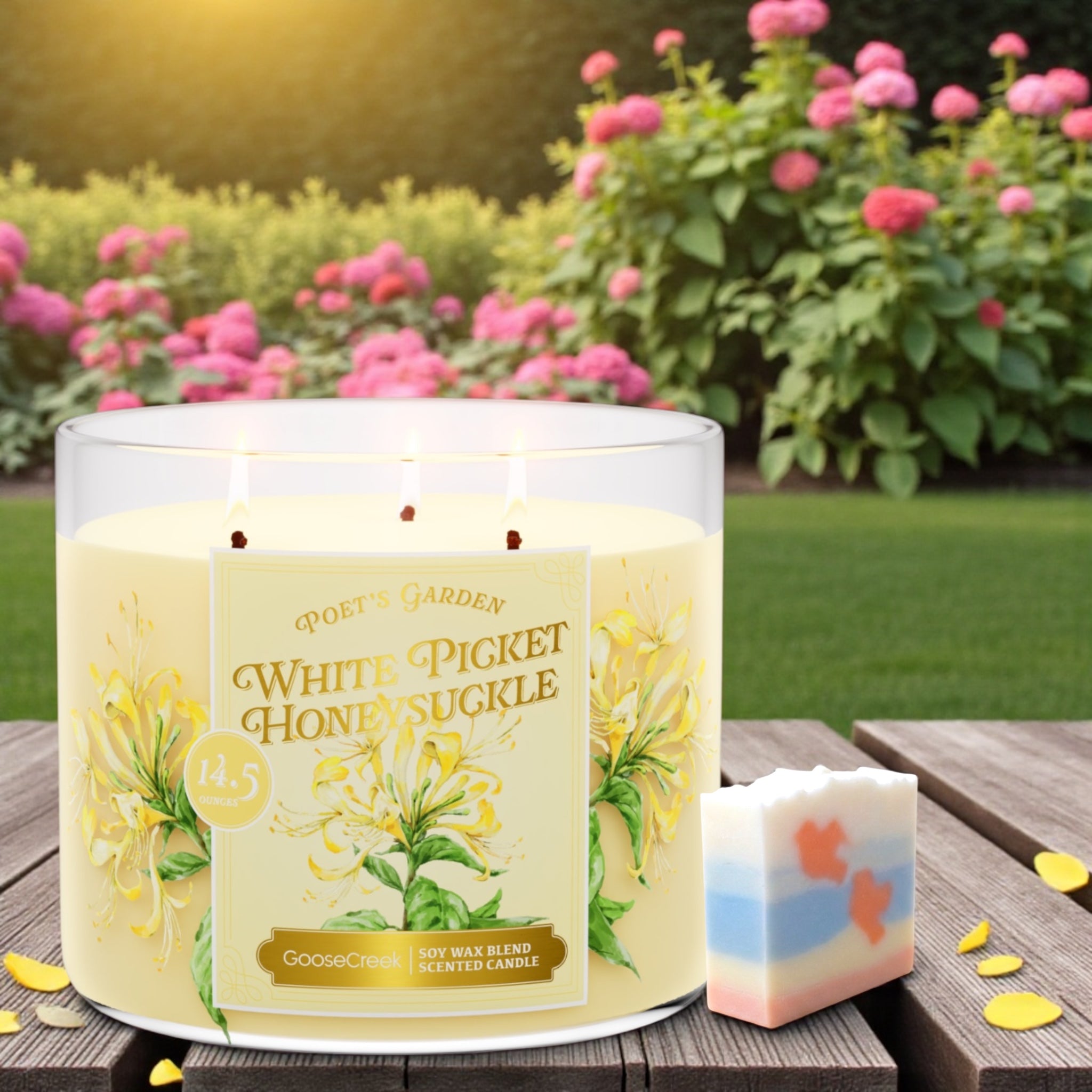 Poet's Garden (White Picket Honeysuckle) Candle 14.5oz + Artisanal Soap (birds in love design)