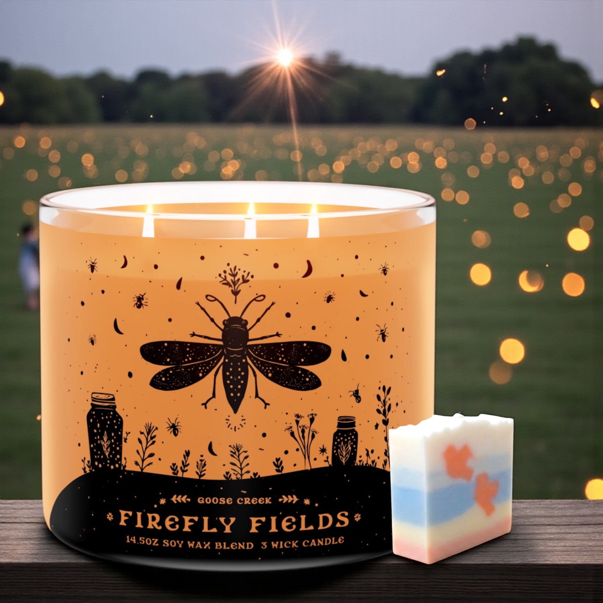 Firefly Fields Candle 14.5 oz + Artisanal soap (Birds in love design)
