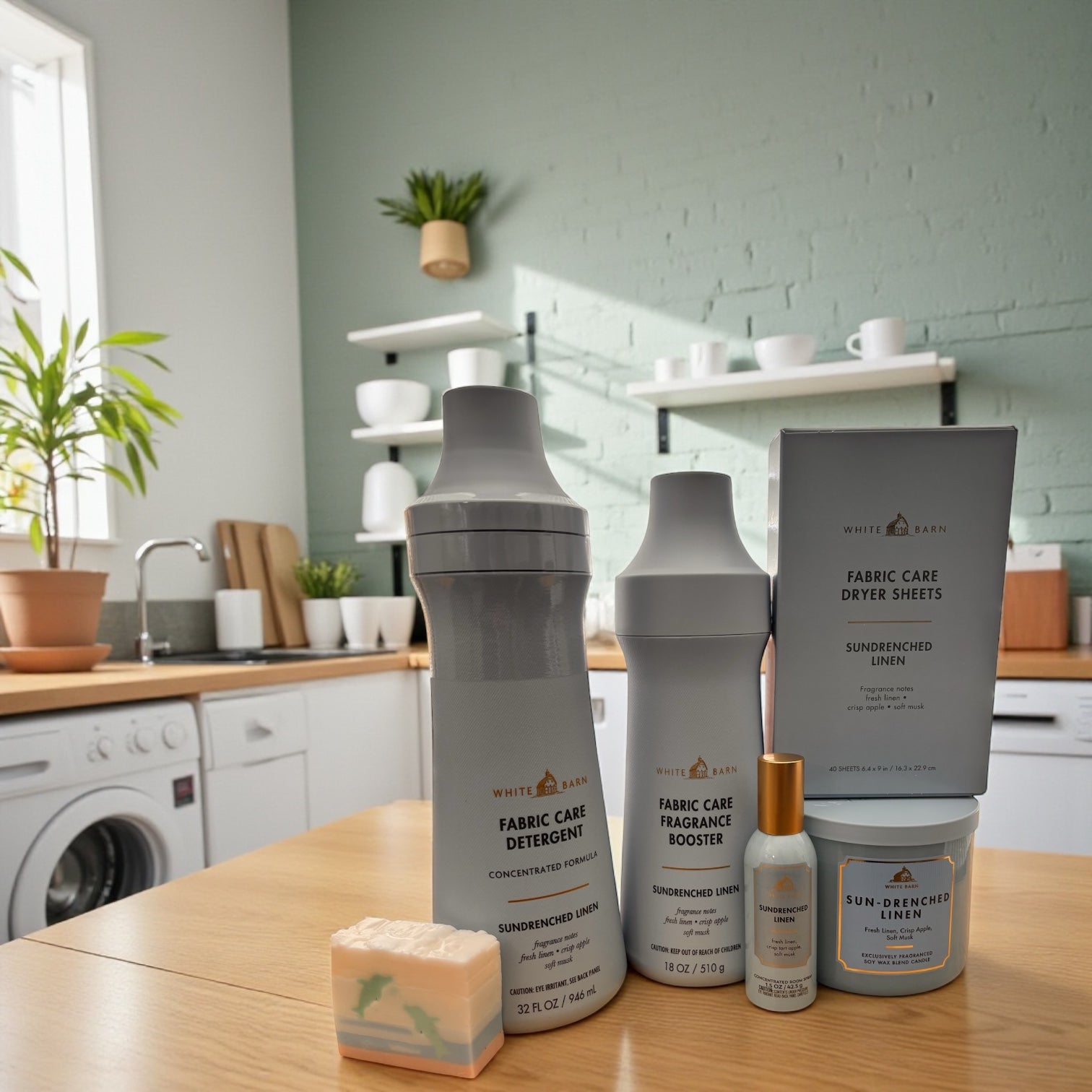White Barn Sun-Drenched Linen Complete Home & Laundry Collection – Detergent, Booster, Dryer Sheets, Room Spray, Candle & Artisanal Dolphin Soap