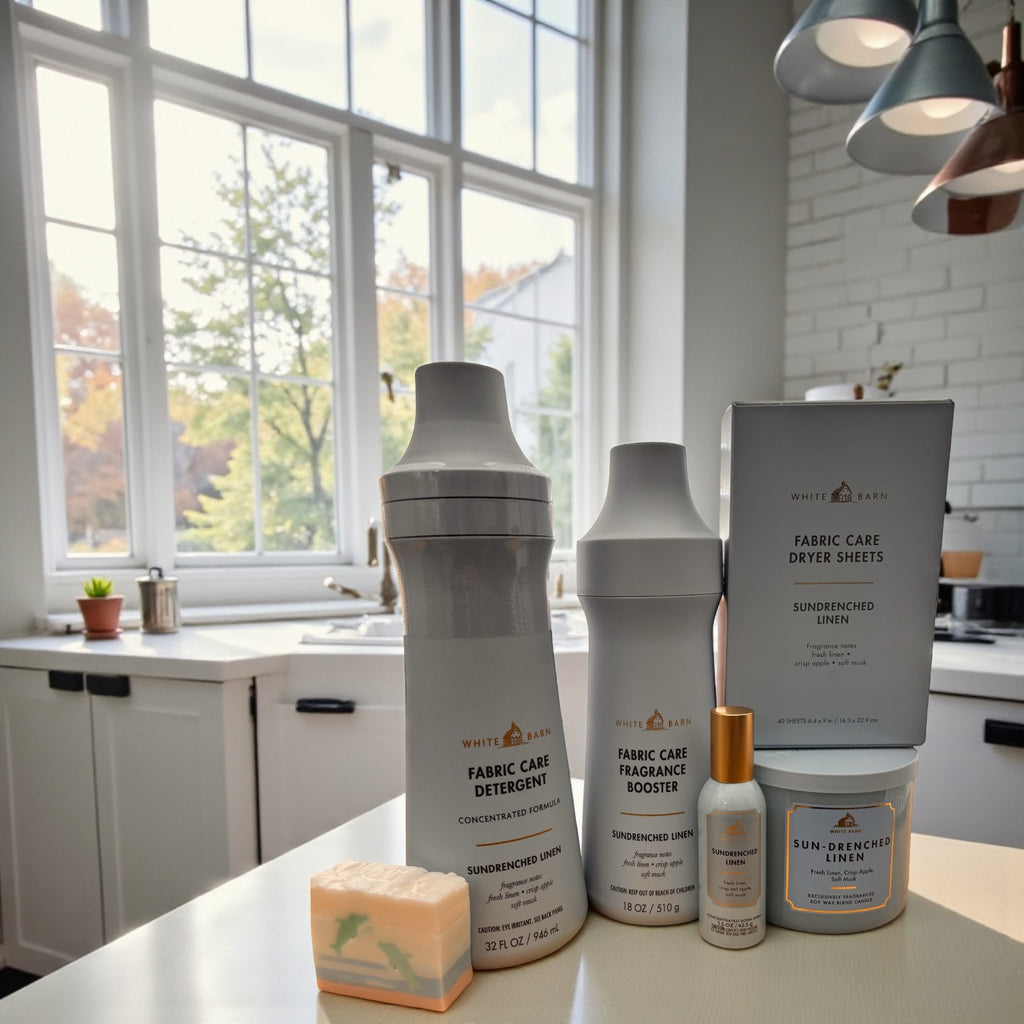 White Barn Sun-Drenched Linen Complete Home & Laundry Collection – Detergent, Booster, Dryer Sheets, Room Spray, Candle & Artisanal Dolphin Soap
