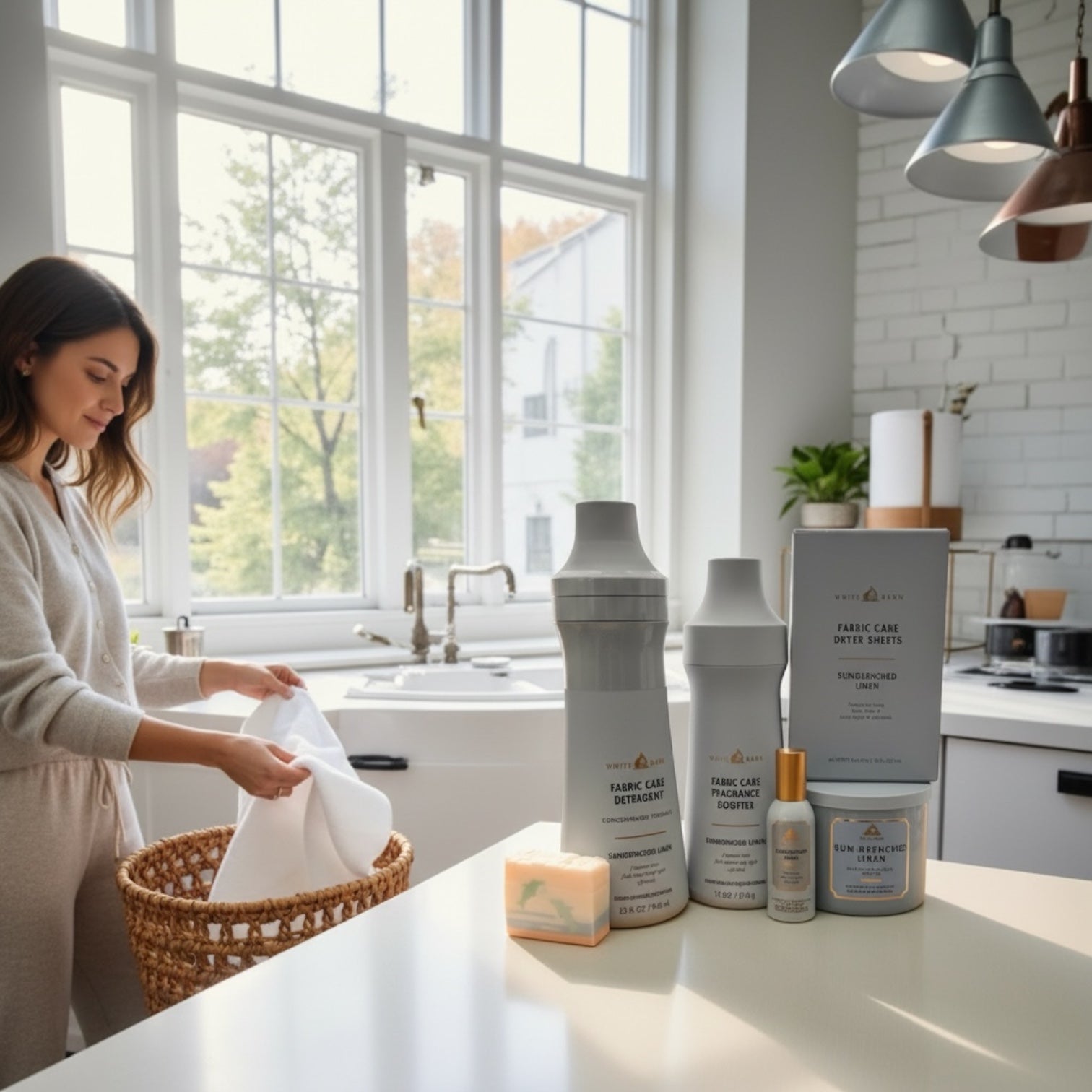 White Barn Sun-Drenched Linen Complete Home & Laundry Collection – Detergent, Booster, Dryer Sheets, Room Spray, Candle & Artisanal Dolphin Soap