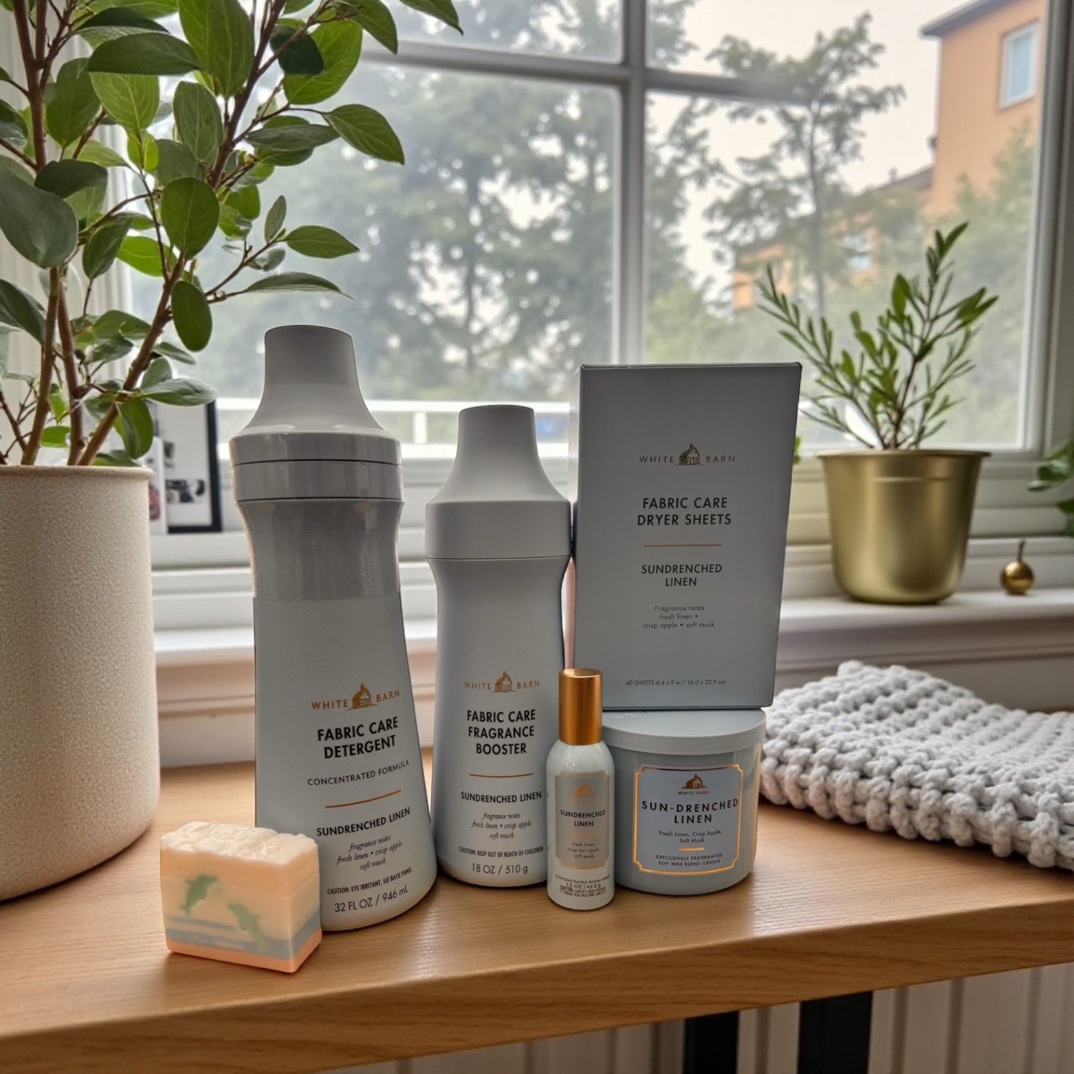 White Barn Sun-Drenched Linen Complete Home & Laundry Collection – Detergent, Booster, Dryer Sheets, Room Spray, Candle & Artisanal Dolphin Soap