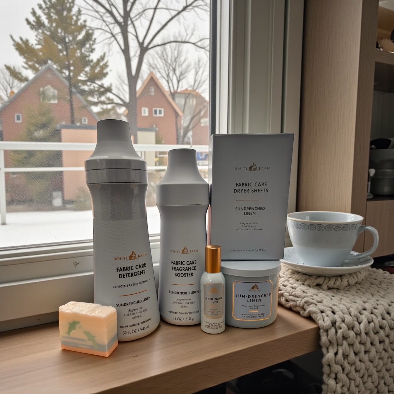 White Barn Sun-Drenched Linen Complete Home & Laundry Collection – Detergent, Booster, Dryer Sheets, Room Spray, Candle & Artisanal Dolphin Soap