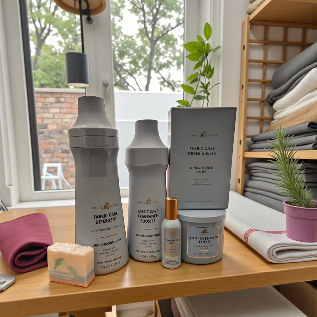 White Barn Sun-Drenched Linen Complete Home & Laundry Collection – Detergent, Booster, Dryer Sheets, Room Spray, Candle & Artisanal Dolphin Soap