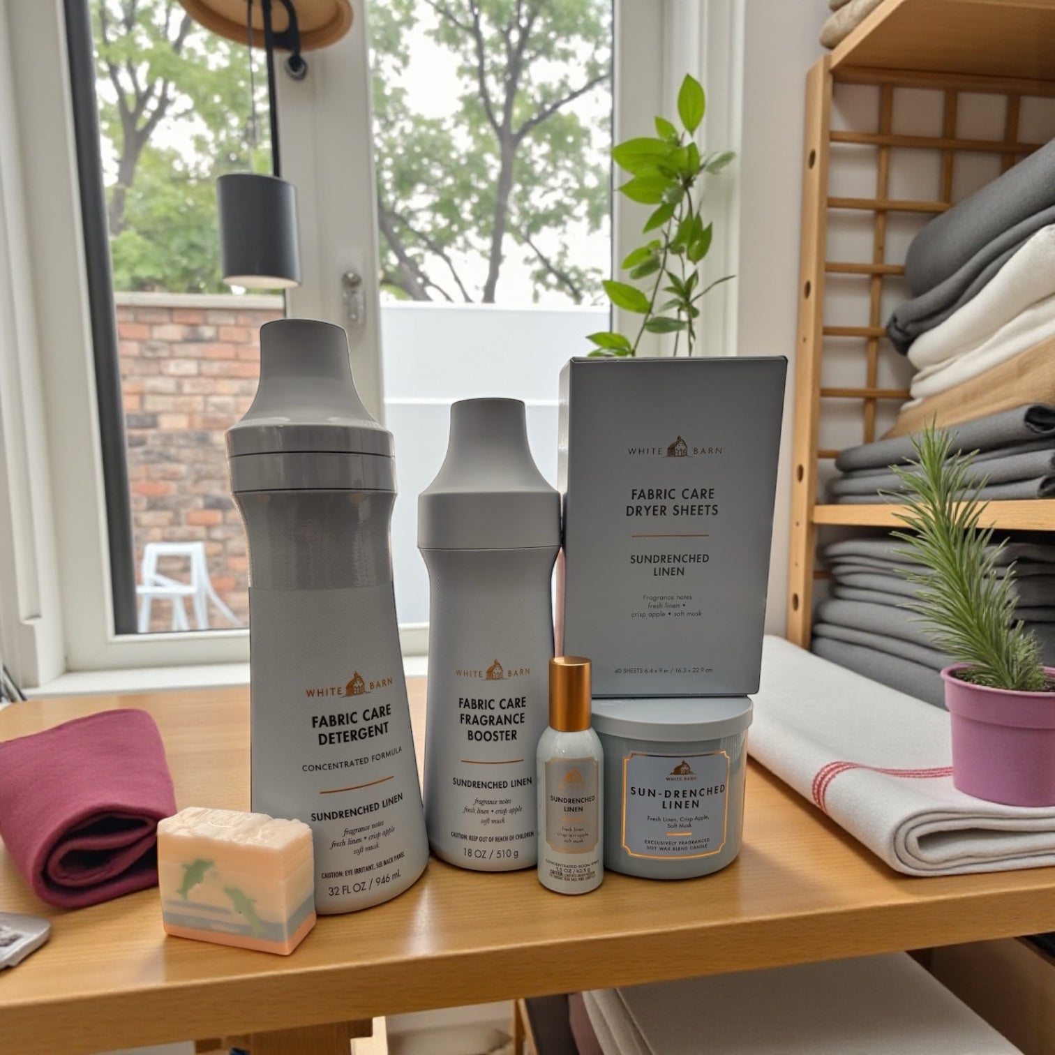 White Barn Sun-Drenched Linen Complete Home & Laundry Collection – Detergent, Booster, Dryer Sheets, Room Spray, Candle & Artisanal Dolphin Soap
