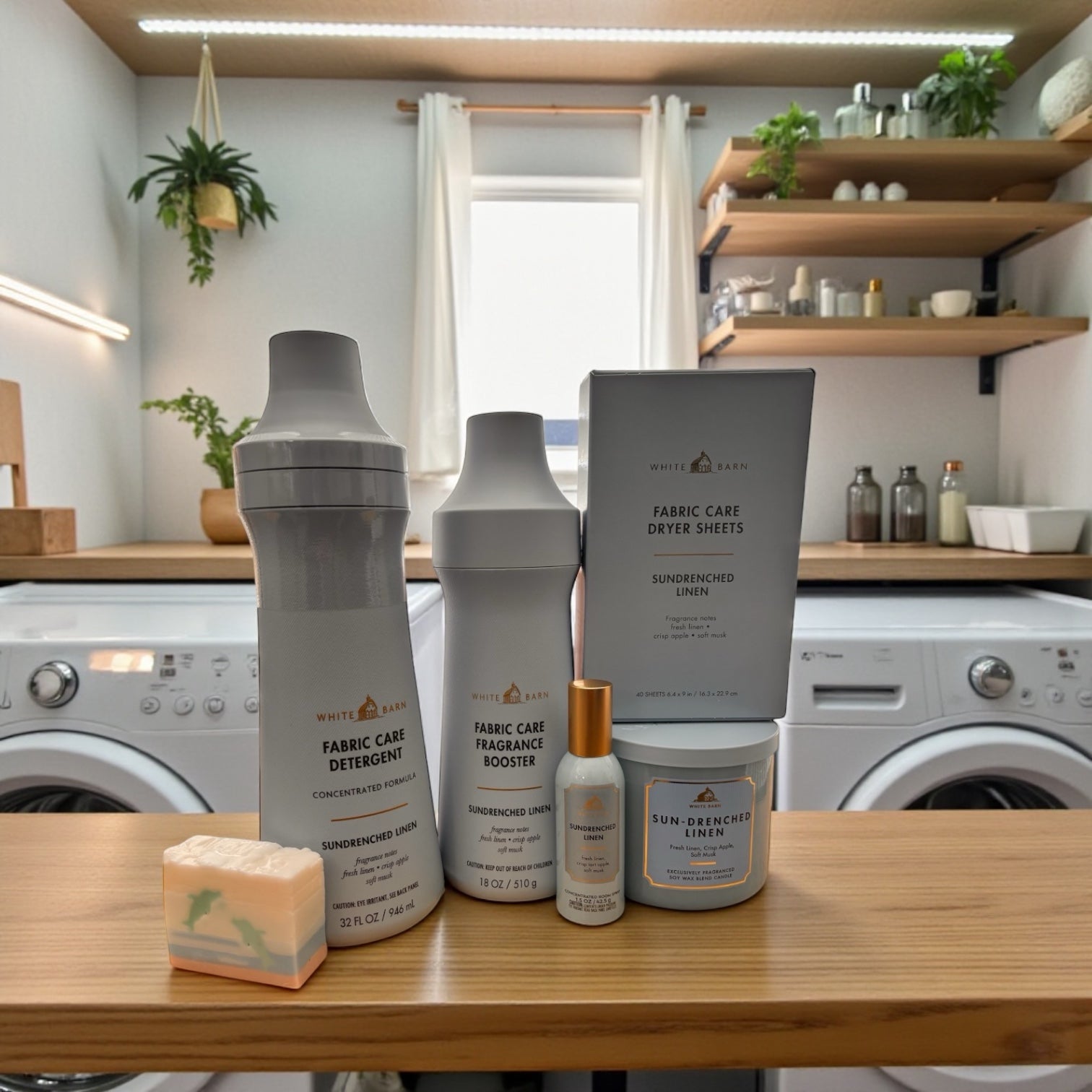 White Barn Sun-Drenched Linen Complete Home & Laundry Collection – Detergent, Booster, Dryer Sheets, Room Spray, Candle & Artisanal Dolphin Soap