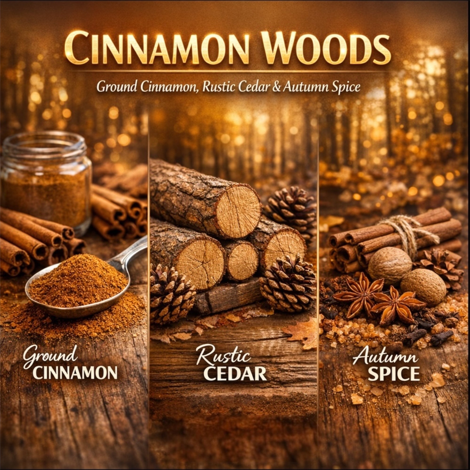 Cinnamon Woods Soy Wax Blend Candle 14.5 oz, Ground Cinnamon, Rustic Cedar & Autumn Spice
