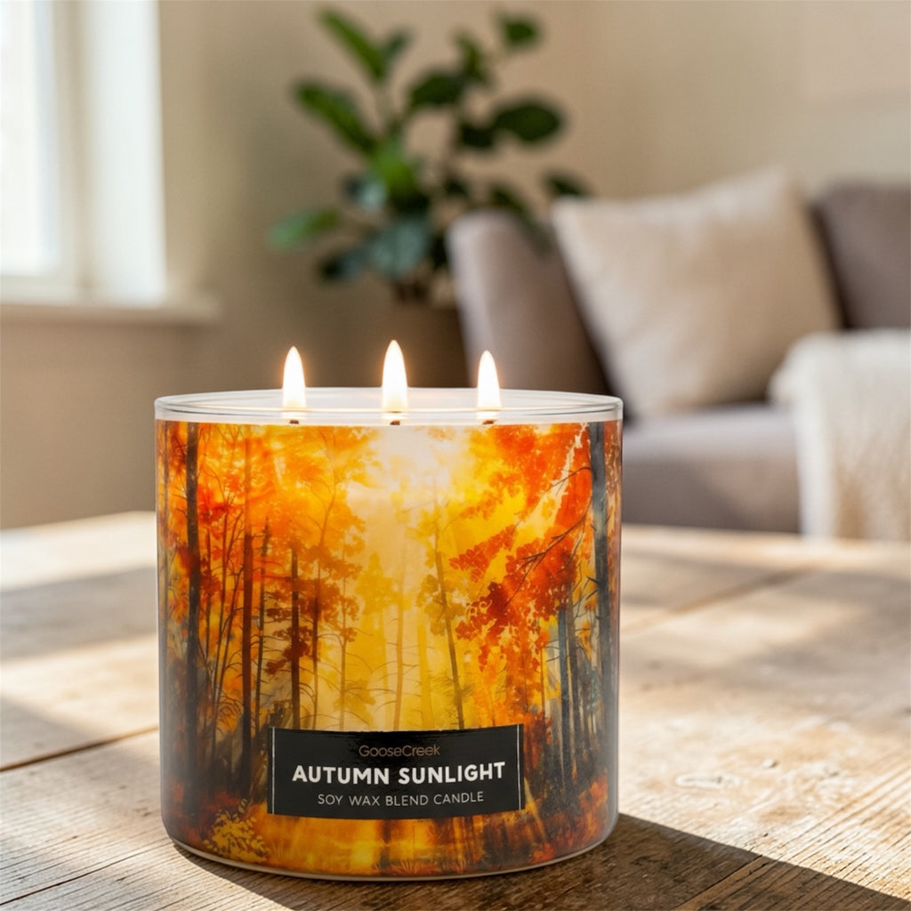 Autumn Sunlight Soy Wax Blend Candle, 3-Wick, Spiced Citrus, Cinnamon Stick, Warm Cardamom, Sunlit Foliage