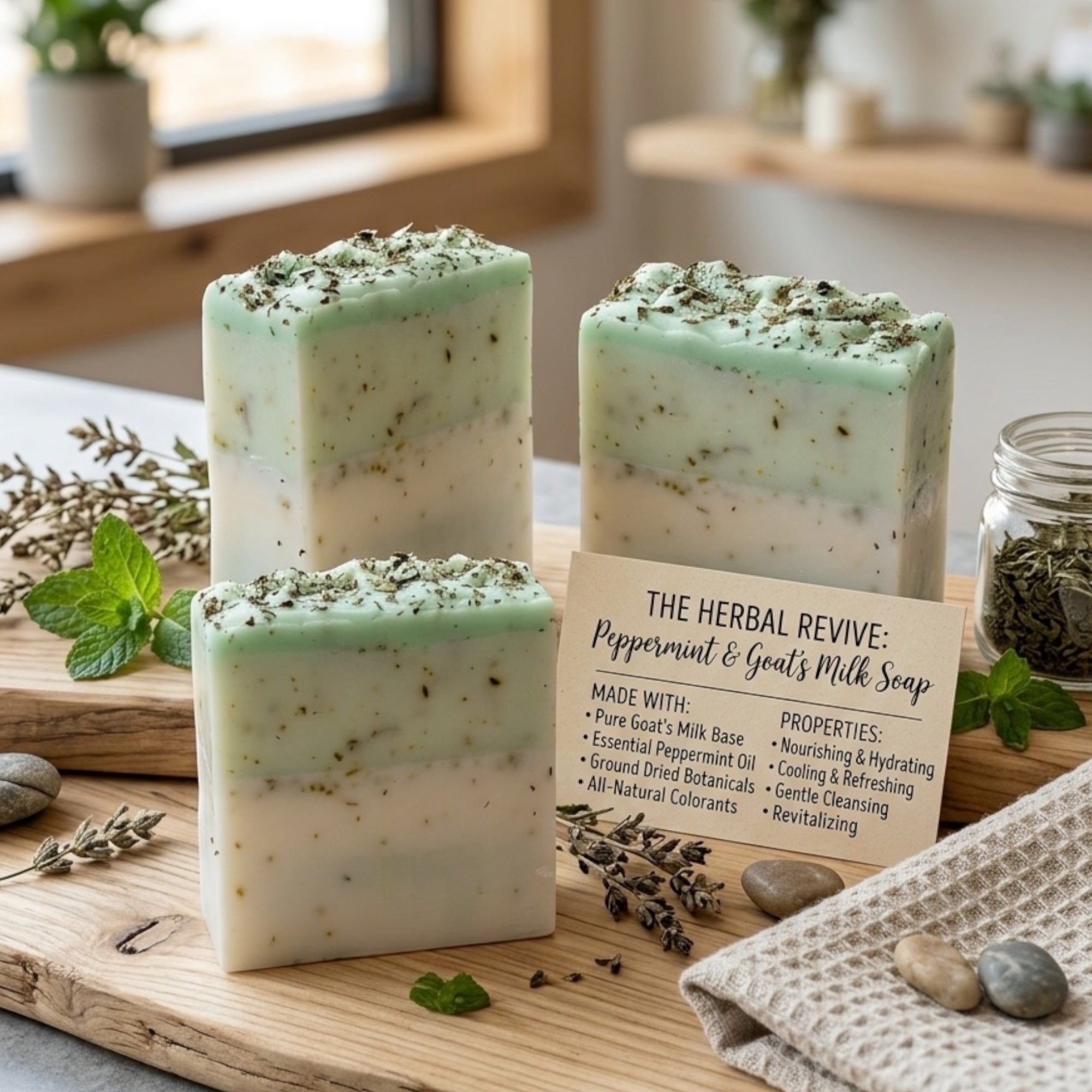 The Herbal Revive Peppermint & Goat's Milk Soap Bar, Nourishing, Cooling, with Dried Botanicals