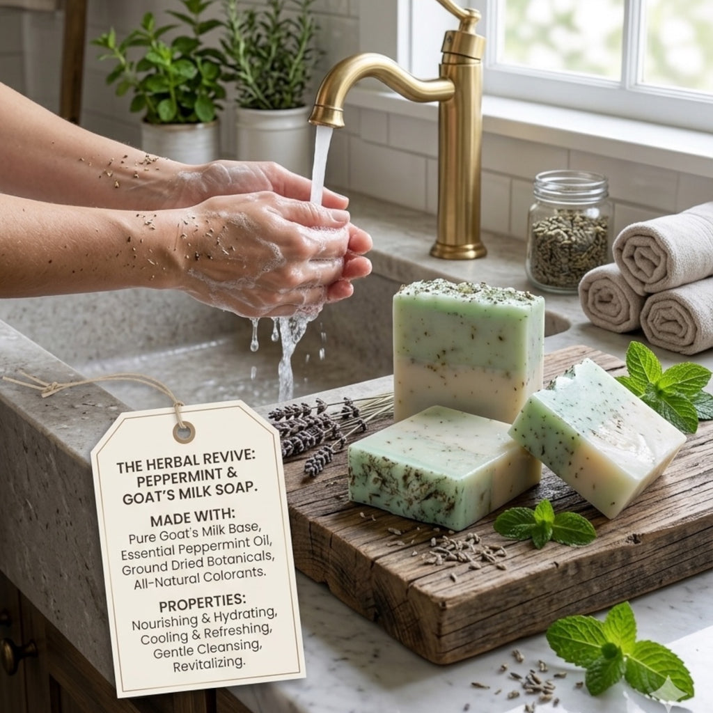 The Herbal Revive Peppermint & Goat's Milk Soap Bar, Nourishing, Cooling, with Dried Botanicals