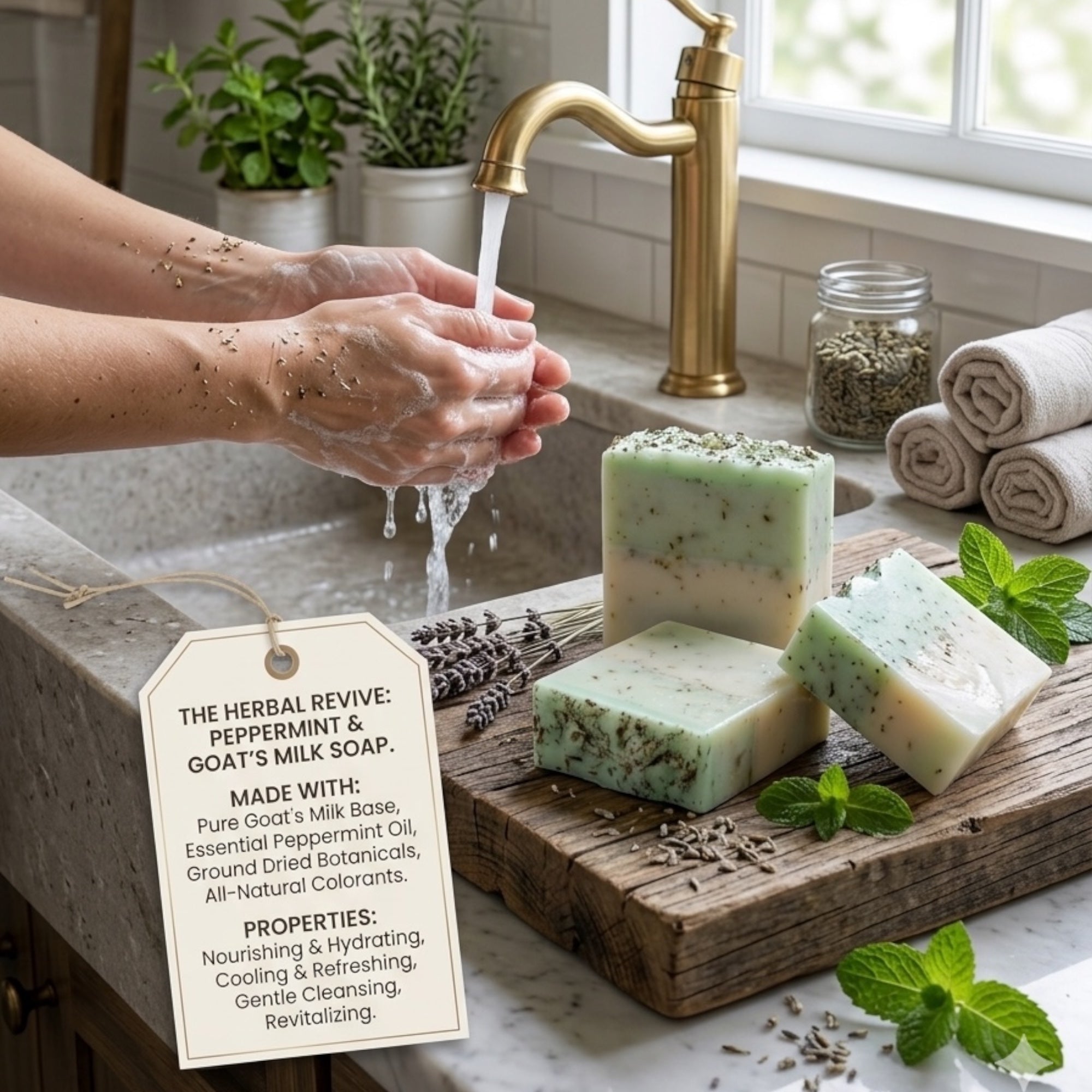 The Herbal Revive Peppermint & Goat's Milk Soap Bar, Nourishing, Cooling, with Dried Botanicals