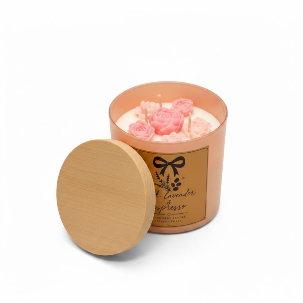 Pink Lavender & Espresso Handmade Candle Floral Coffee SCented Soy  Candle 3 Wick 12.5 oz