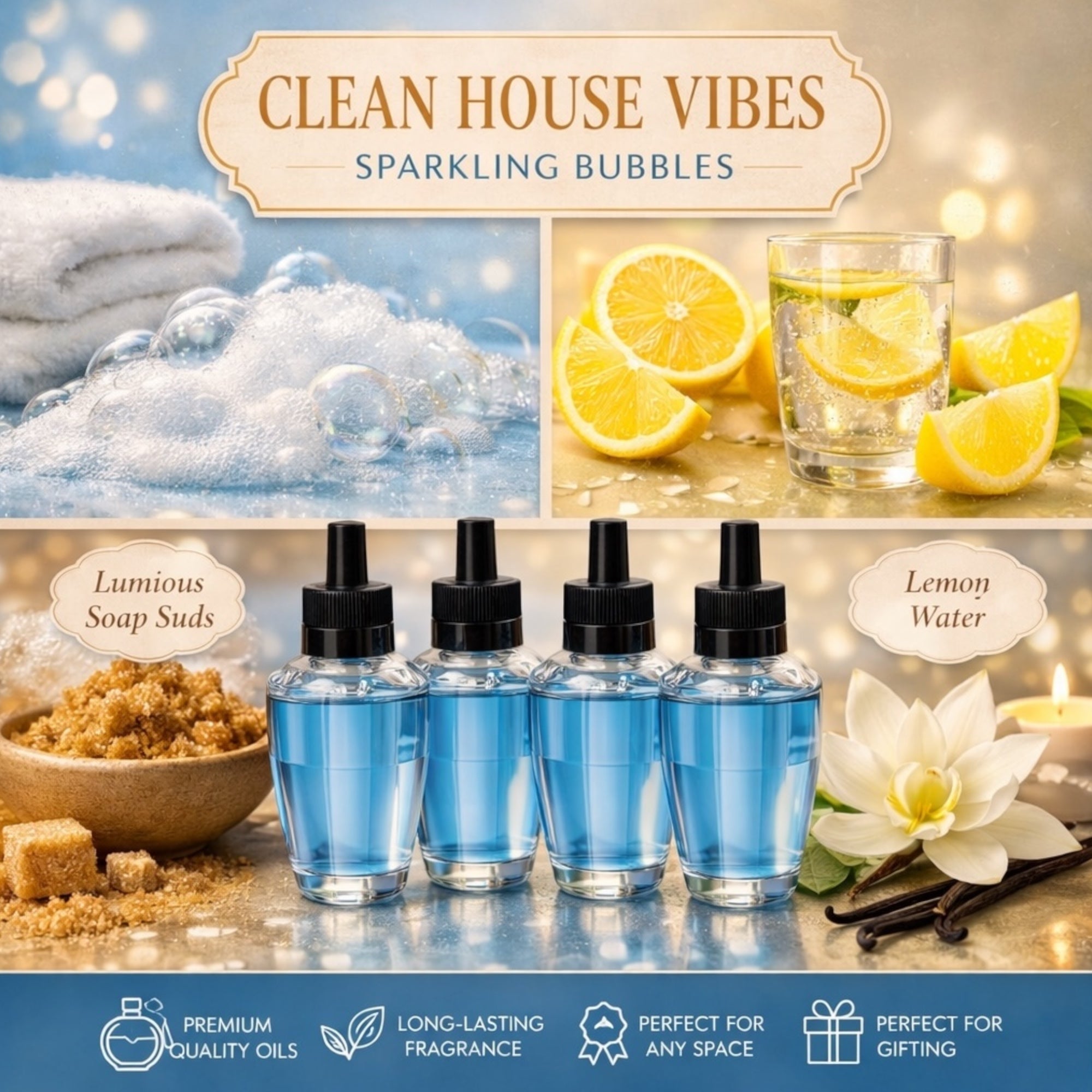Clean House V Sparkling Bubbles Wall Plug-In Refills, Lemon Water & Soap Suds Scent, Premium Quality Oils refills, 4 Pack