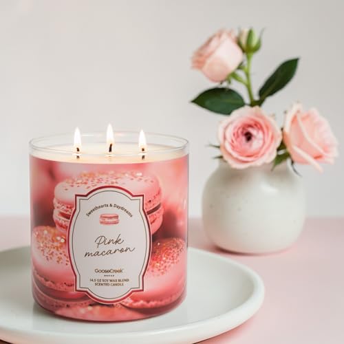 Pink Macaron Scented Candle, 14.5 oz Soy Wax Blend Toasted Almonds Pink Raspberries Fluffy Meringue Powdered Sugar with Artisanal Shortcake Soap Gift,