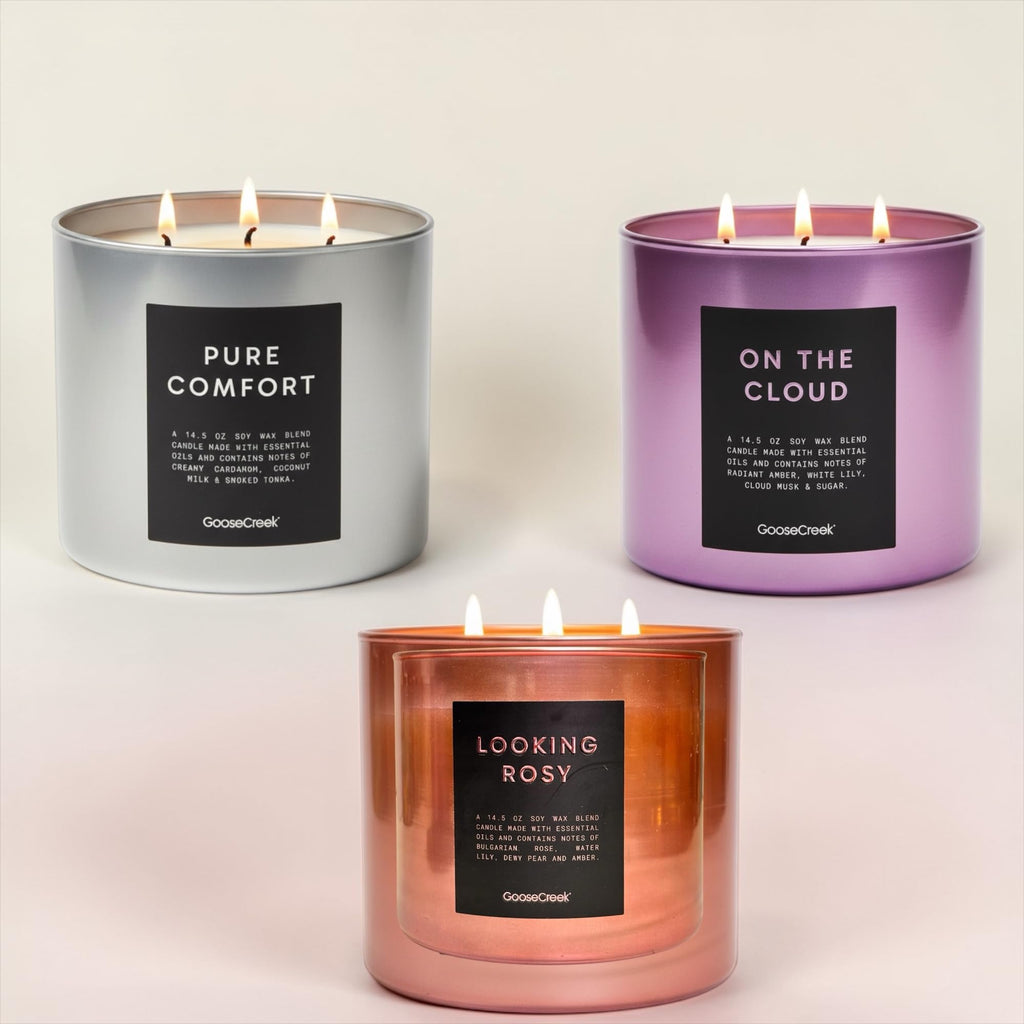 Soy Wax Blend Scented Candles, 14.5 oz, Set of 3, with Natural Essential Oils, Pure Comfort, Looking Rosy, on the Cloud