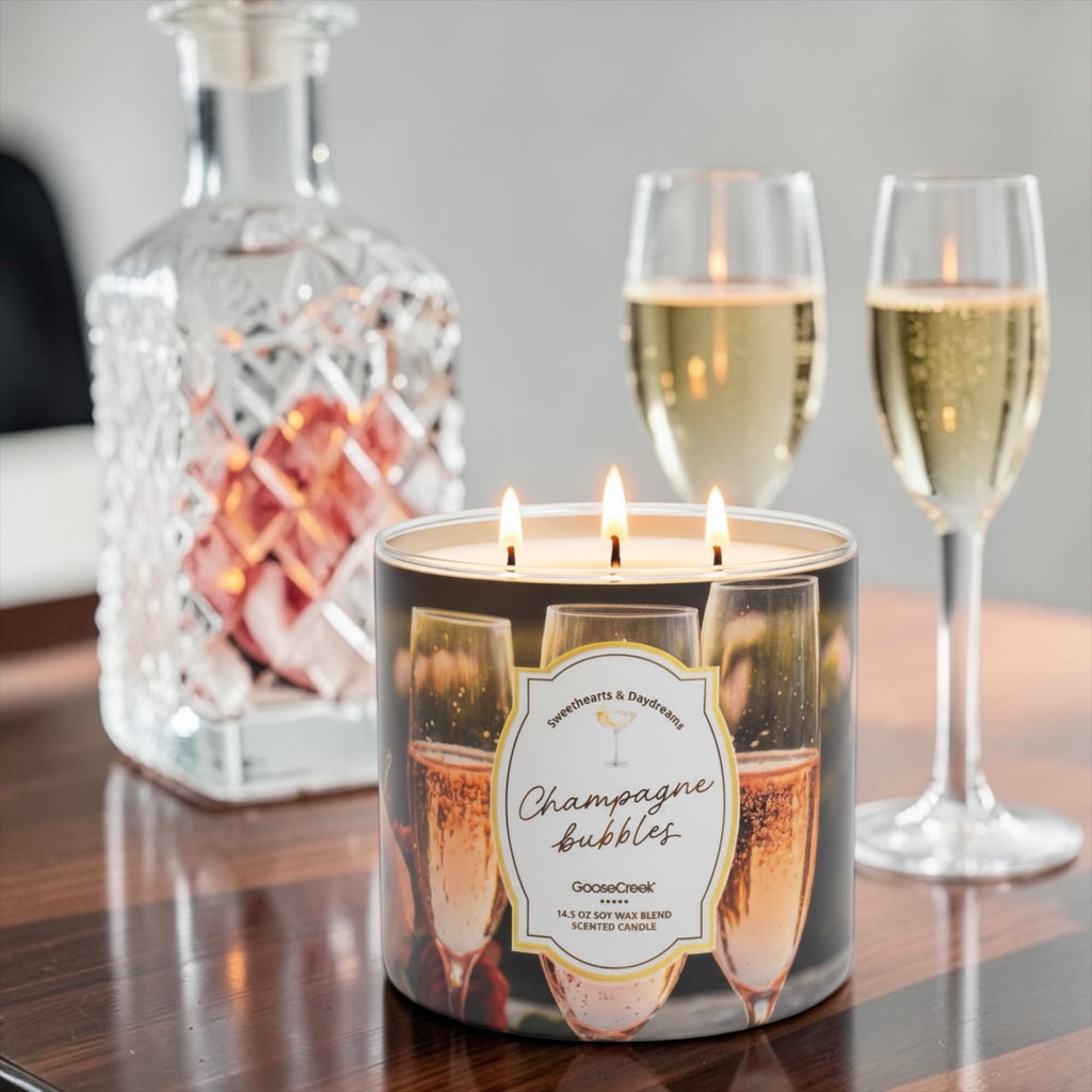 Champagne Bubbles Scented Candle, 14.5 oz Soy Wax Blend, 3-Wick, Sparkling Champagne, Pink Grapefruit, Juicy Orange
