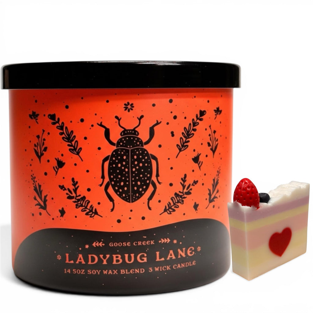Ladybug Lane Scented Candle, 14.5oz Soy Wax Blend 3 Wick, Orchard Peach Raspberry Wildflower Fragrance & Artisanal Shortcake Soap Gift