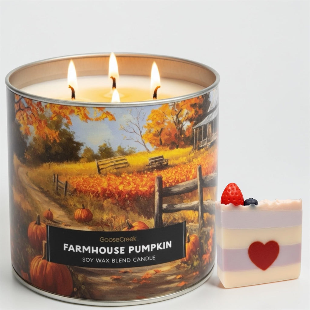 Farmhouse Pumpkin Soy Wax Blend Candle, 3-Wick, Spiced Cake and Buttercream Frosting Scent, Fall Theme