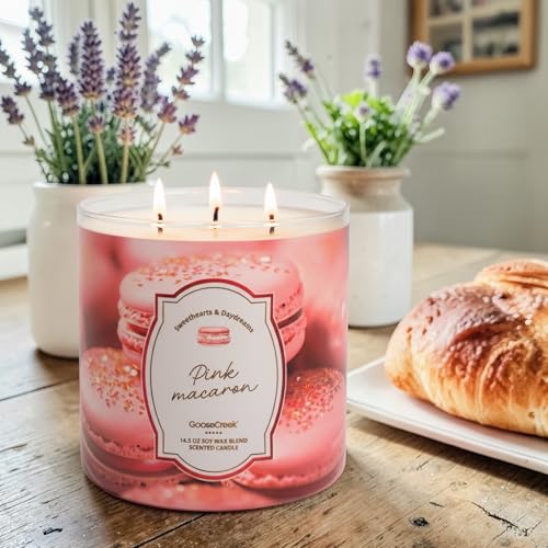 Pink Macaron Scented Candle, 14.5 oz Soy Wax Blend Toasted Almonds Pink Raspberries Fluffy Meringue Powdered Sugar with Artisanal Shortcake Soap Gift,