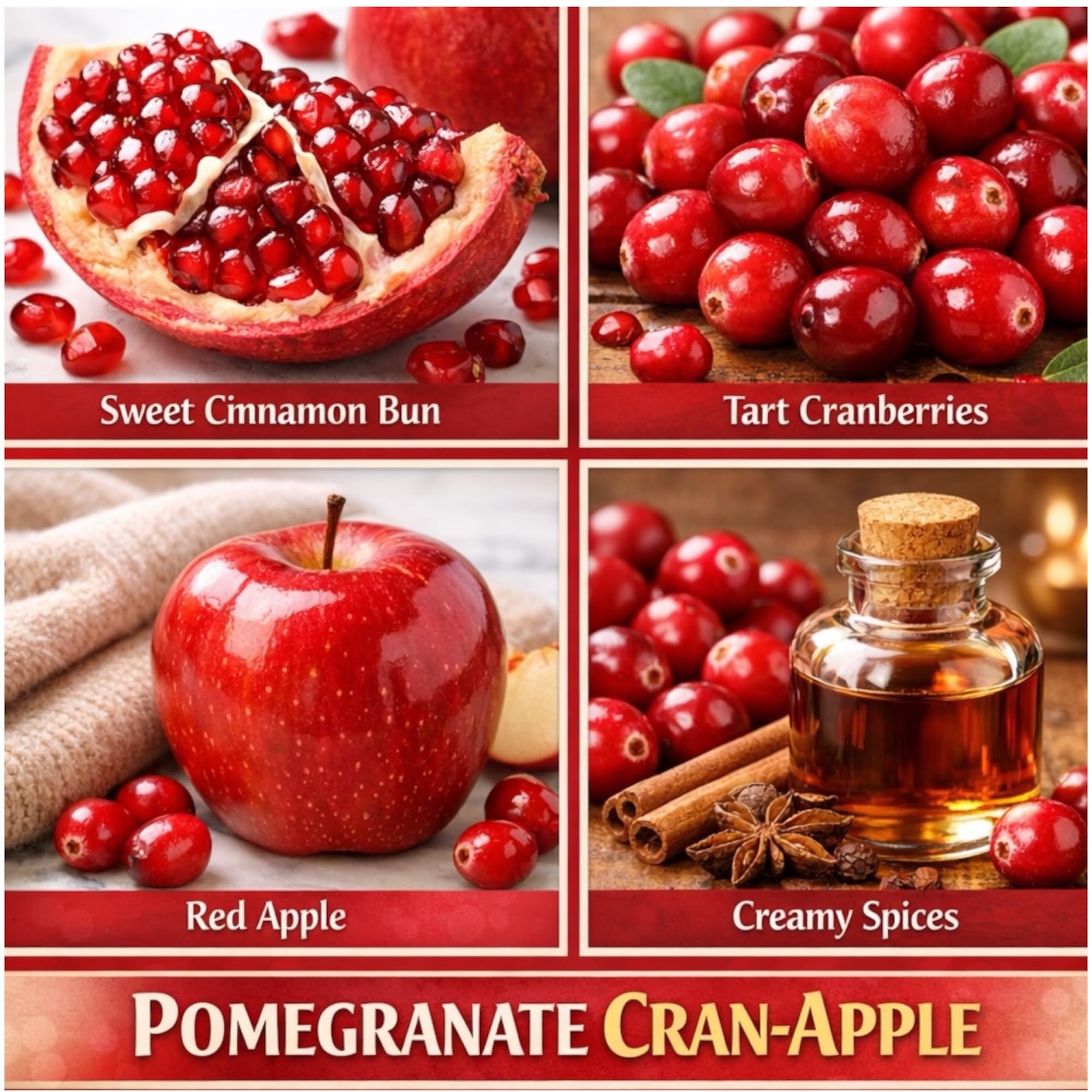 Pomegranate Cran-Apples Soy Wax Blend Candle, 3-Wick, Sweet Cinnamon Bun, Tart Cranberries, Red Apples, Creamy Spices