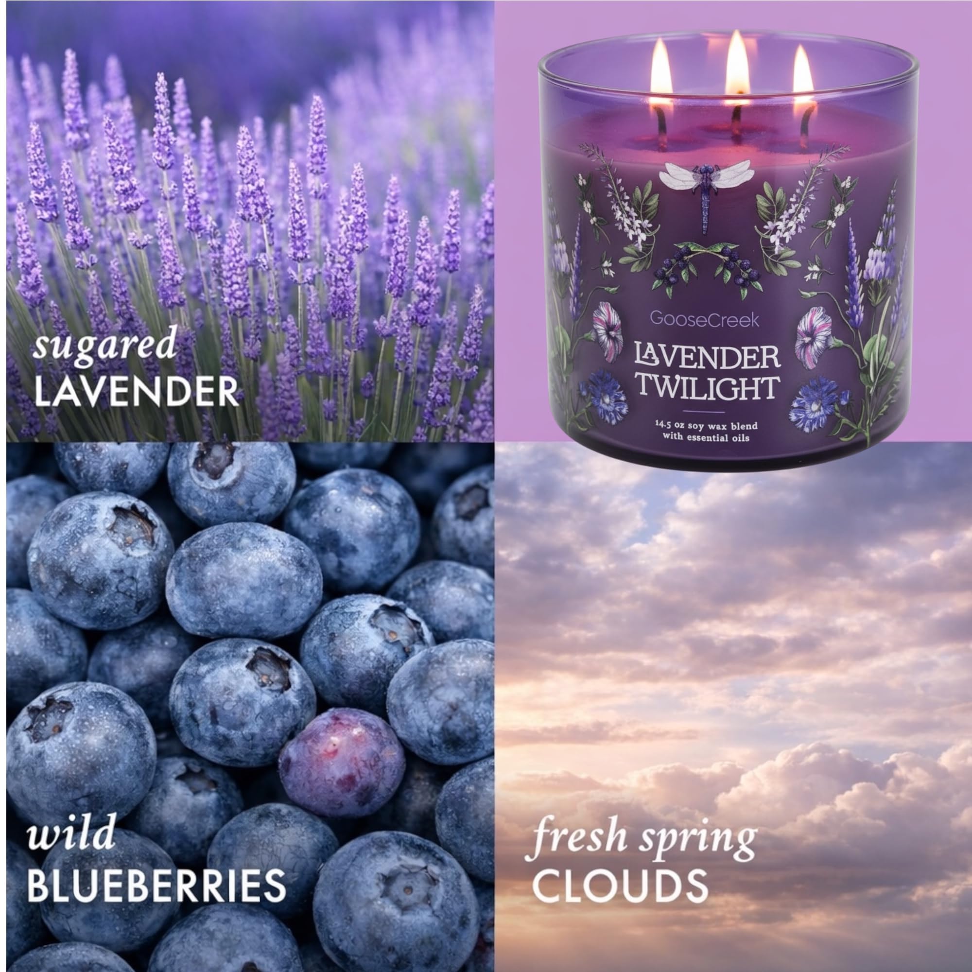 Lavender Twilight 3-Wick Candle, 14.5 oz Soy Wax Blend with Essential Oils, Sugared Lavender, Wild Blueberries & Fresh Spring Clouds
