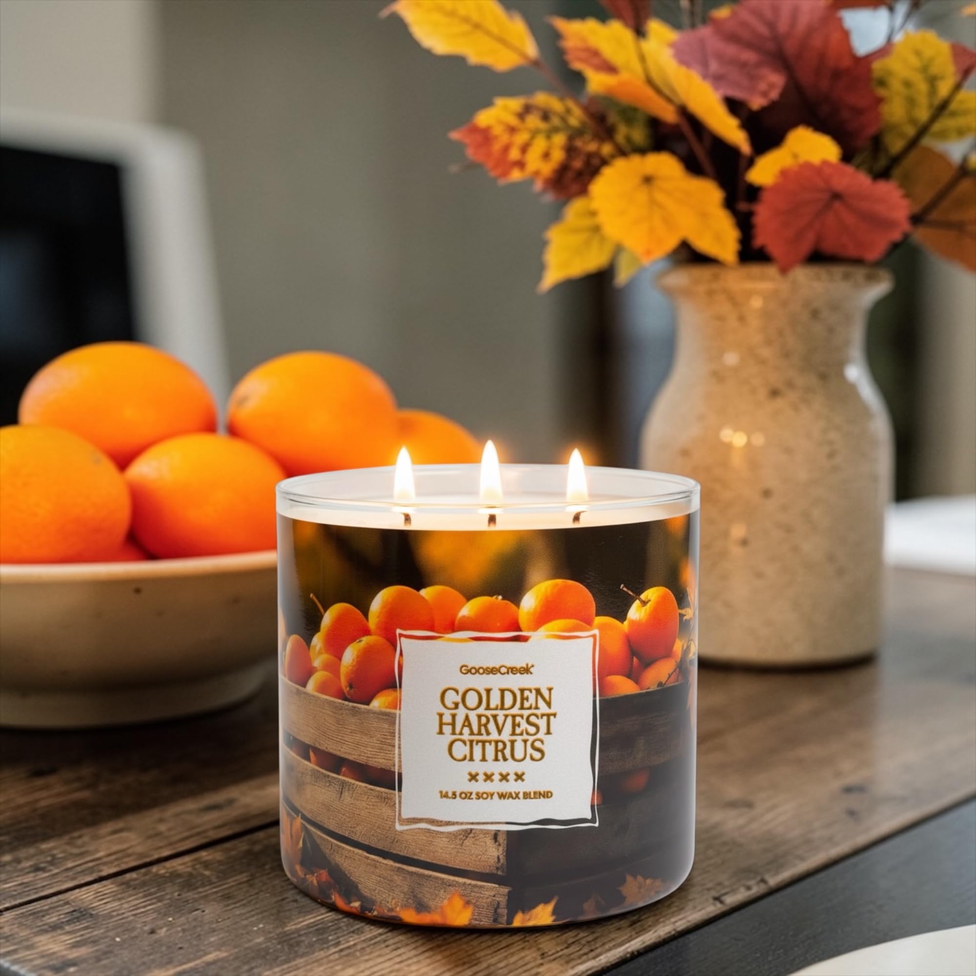 Golden Harvest Citrus 3-Wick Candle, 14.5 oz Soy Wax Blend, Sunwashed Citrus, Autumn Spice, Golden Leaves
