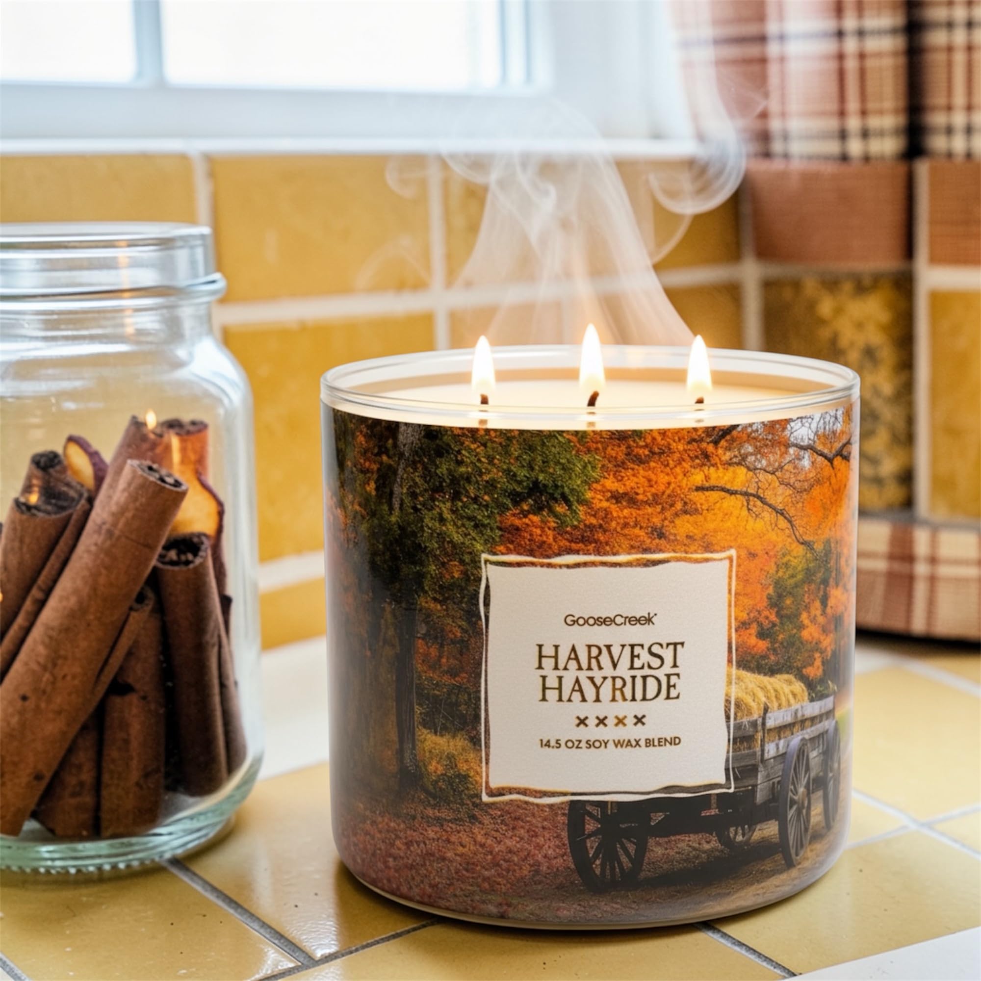 Harvest Hayride Scented Candle, Soy Wax Blend, Orchard Apple, Spiced Pumpkin, Mountain Hay, Warm Cedar, 14.5 oz
