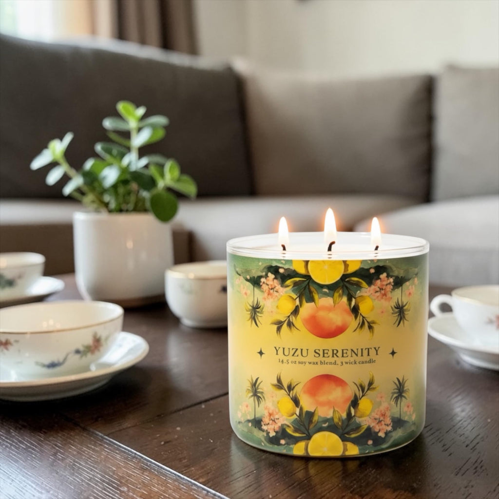 Yuzu Serenity Soy Wax Blend Candle, 14.5 oz, 5 Wick, Fruity Scent with Lemon Balm, Yuzu and Green Tea, Includes Shortcake Soap Gift