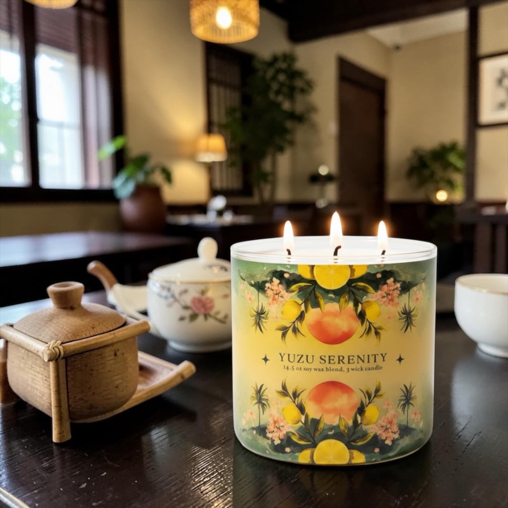 Yuzu Serenity Soy Wax Blend Candle, 14.5 oz, 5 Wick, Fruity Scent with Lemon Balm, Yuzu and Green Tea, Includes Shortcake Soap Gift