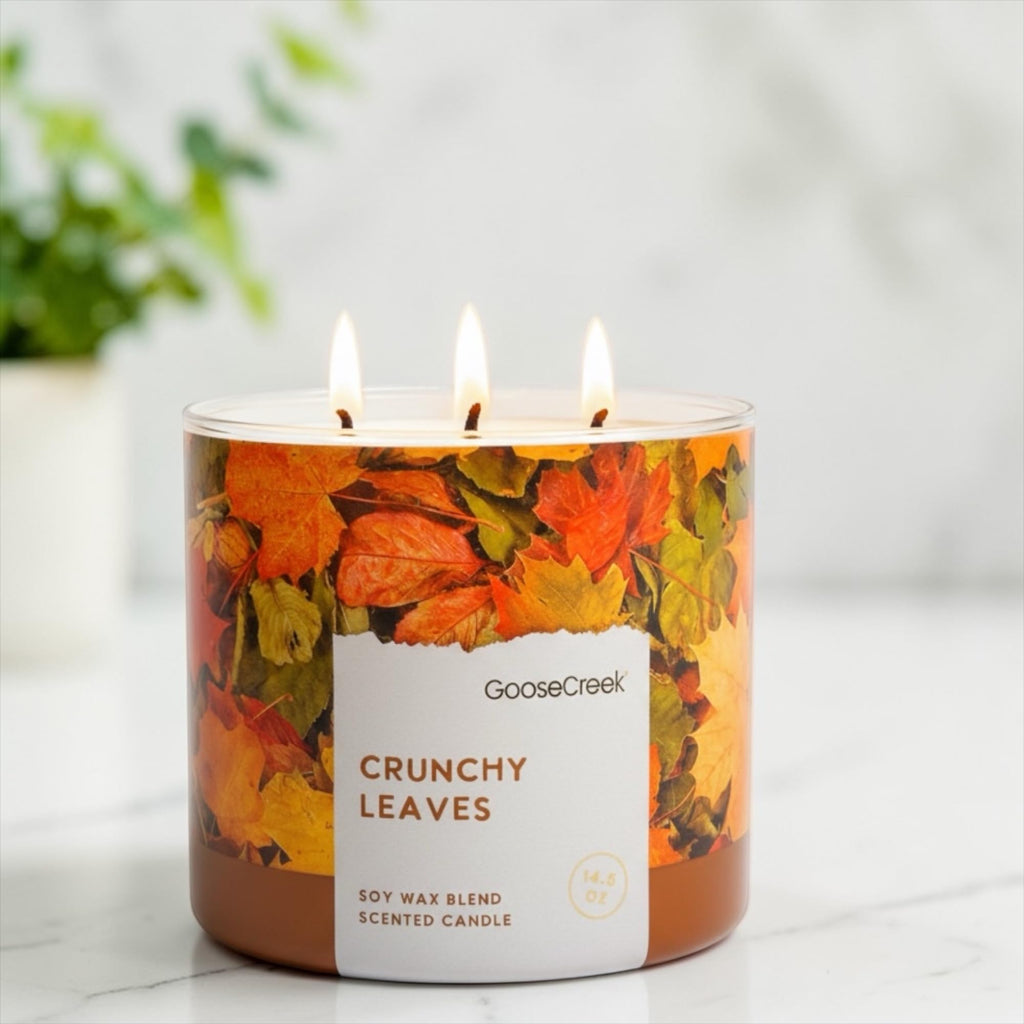 Crunchy Leaves Scented Candle, Soy Wax Blend, 3-Wick, Autumn Leaves, Bright Citrus & Sweet Cinnamon, 14.5 oz