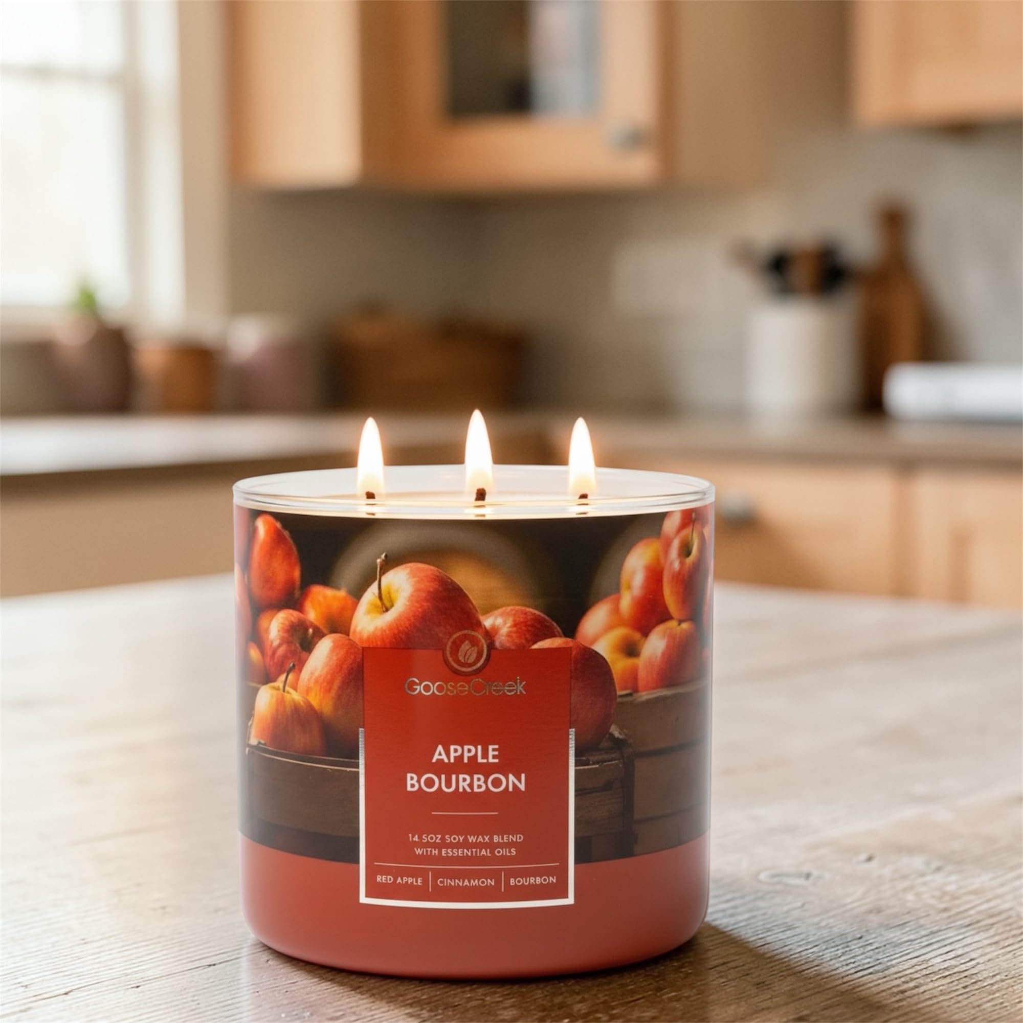 Apple Bourbon 3-Wick Candle, 14.5 oz Soy Wax Blend, Red Apple, Cinnamon Spice, Oak-Barrel Bourbon