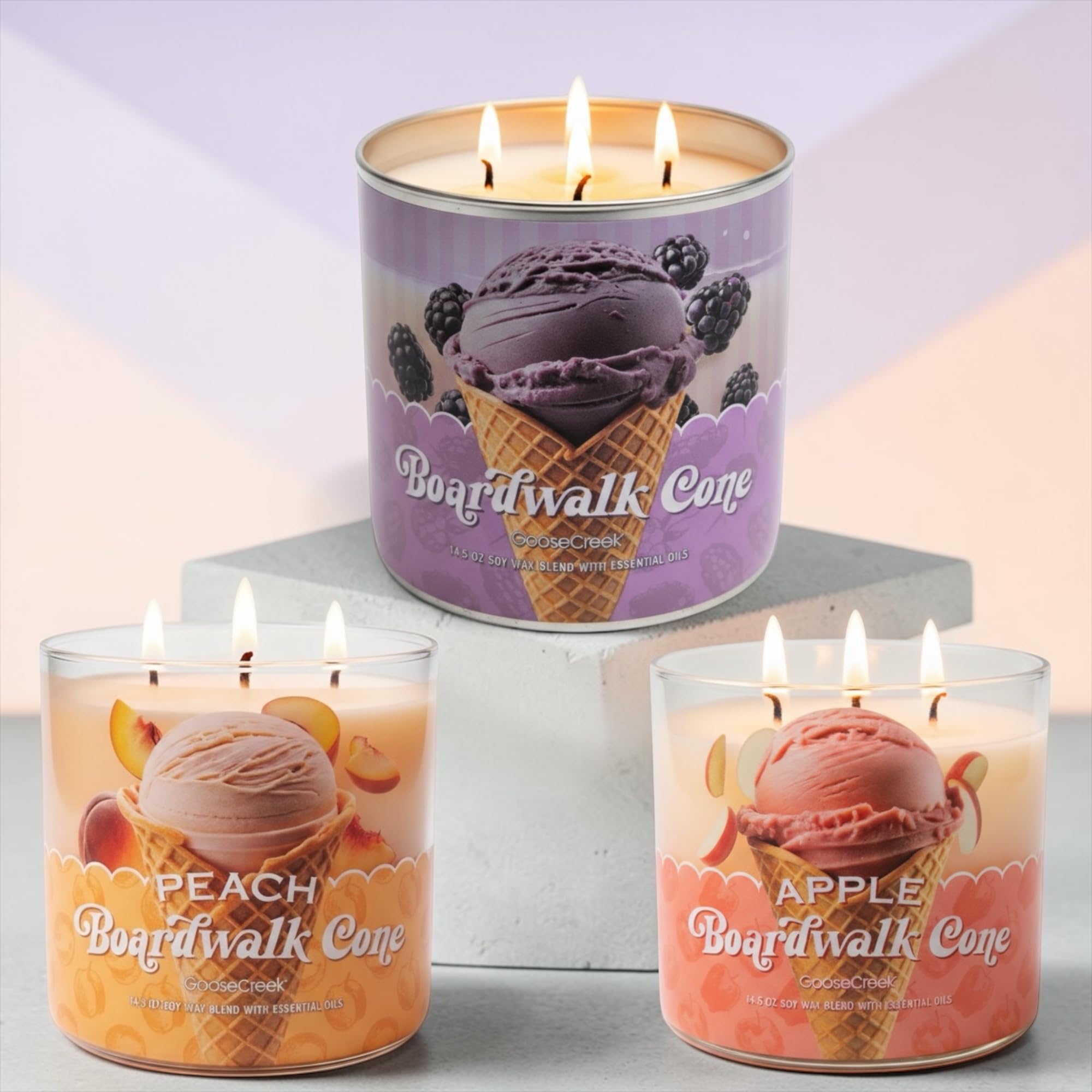 Boardwalk Cone Scented Candle, Soy Wax Blend with Essential Oils, 14.5 oz, Apples, Berry, and Peach Varieties