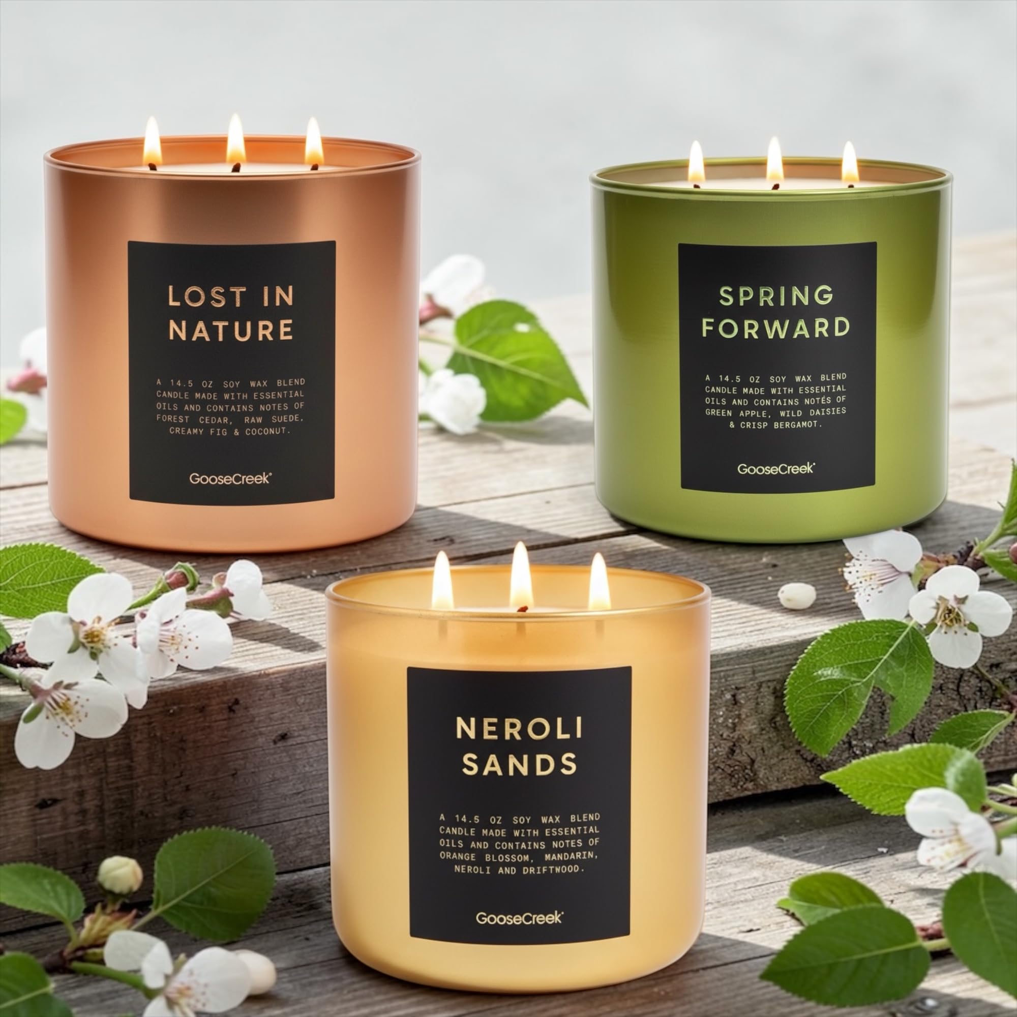 Soy Wax Blend Scented Candles with Natural Essential Oils, Set of 3, Lost in Nature, Spring Forward, Neroli Sands