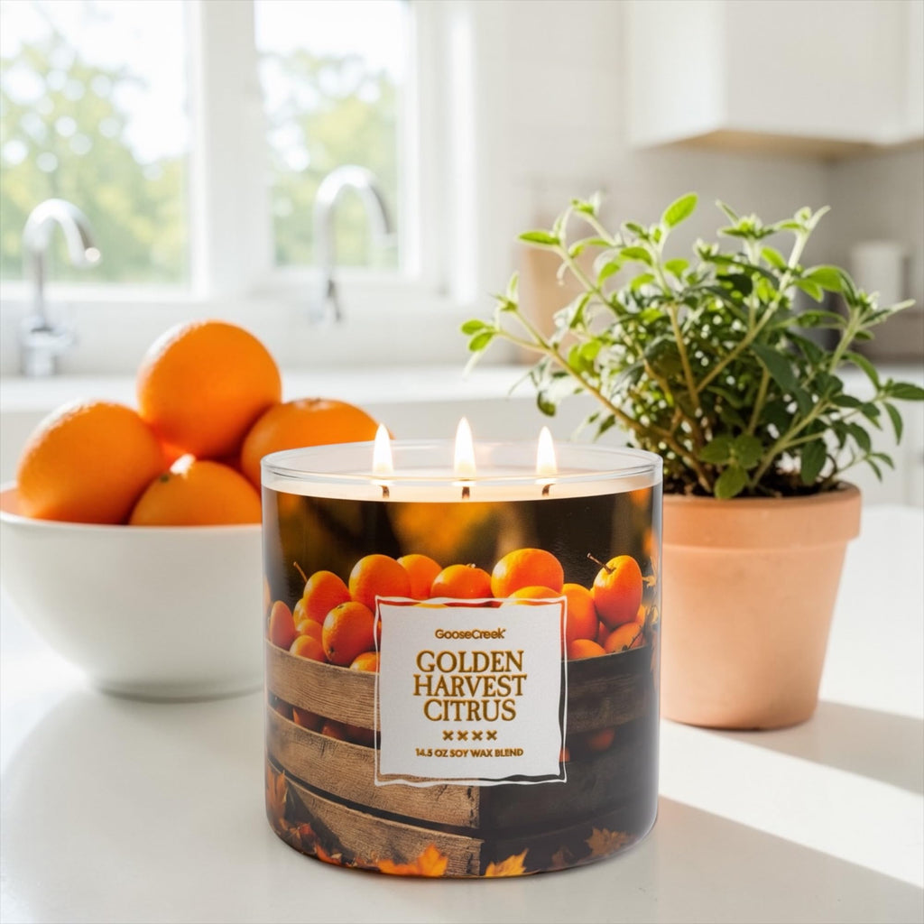 Golden Harvest Citrus 3-Wick Candle, 14.5 oz Soy Wax Blend, Sunwashed Citrus, Autumn Spice, Golden Leaves