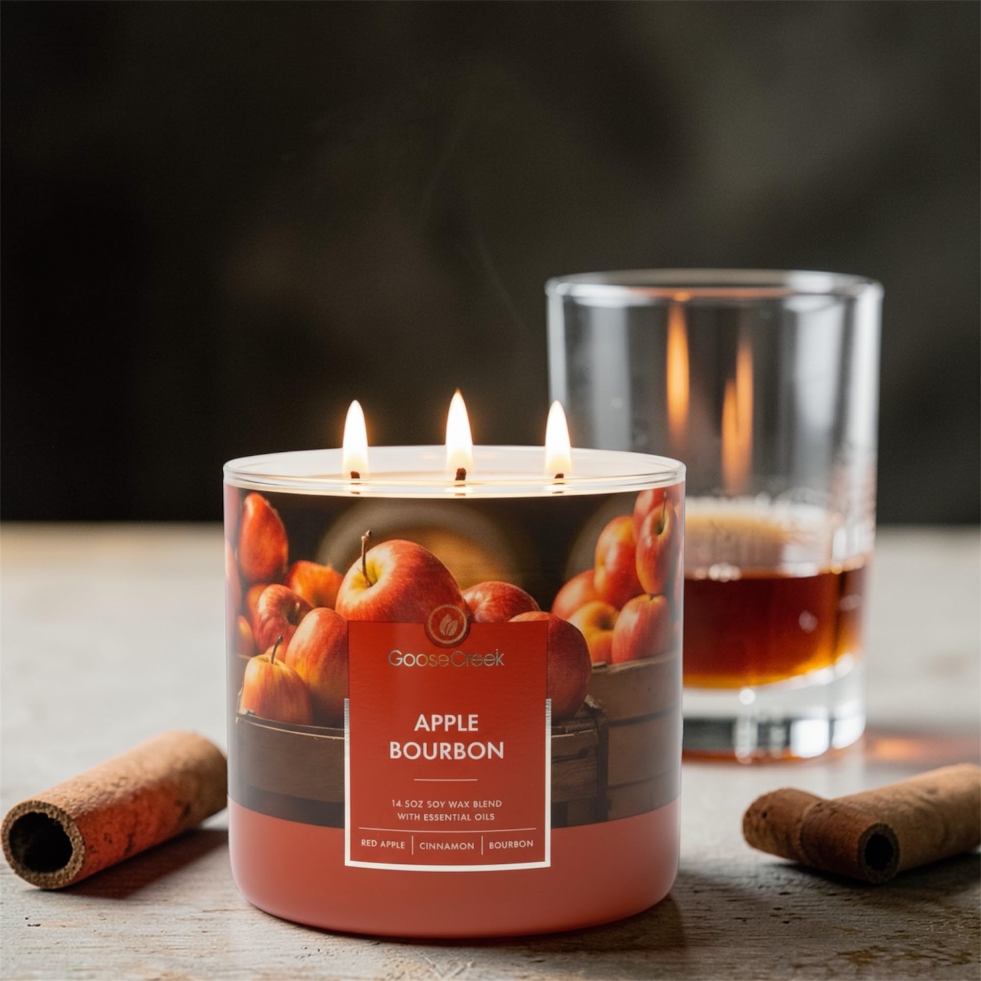 Apple Bourbon 3-Wick Candle, 14.5 oz Soy Wax Blend, Red Apple, Cinnamon Spice, Oak-Barrel Bourbon