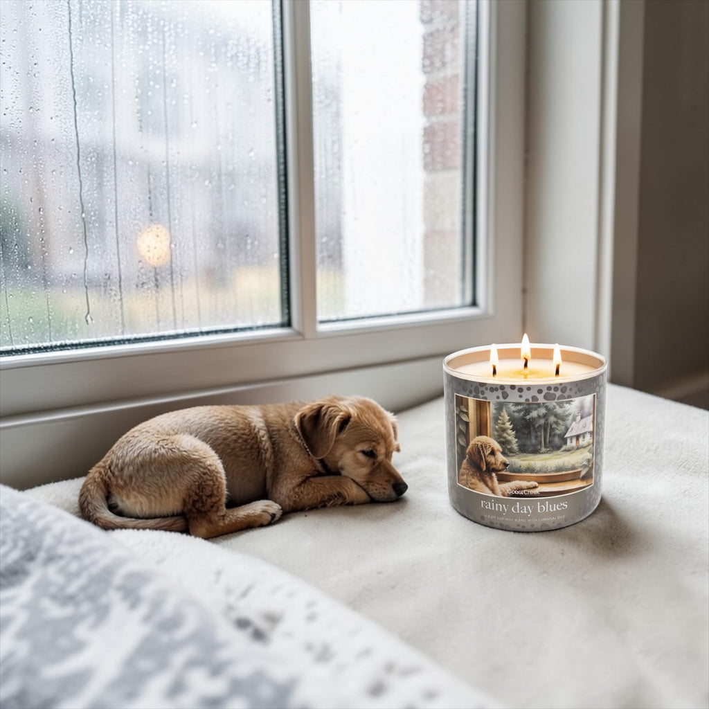 Rainy Day Blues Scented Candle, 14.5 oz Soy Wax Blend with Essential Oils, Fresh Rain, Wet Moss, Blue Eucalyptus & Dewy Apples