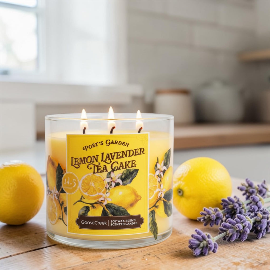 Lemon Lavender Tea Cake Scented Candle, 14.5 Ounce, 3 Wick, Round Glass Jar with Artisanal Soap Gift